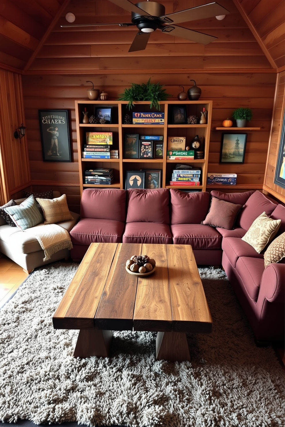 A cozy game room featuring natural elements like pinecones and acorns. The walls are adorned with wooden paneling, and a large sectional sofa in earthy tones invites relaxation. A rustic coffee table made from reclaimed wood sits in the center, surrounded by plush area rugs. Shelves filled with board games and decorative acorns add a playful touch to the space.