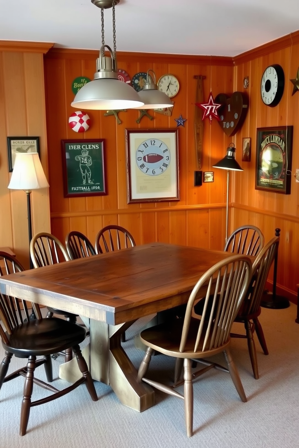 A cozy game room featuring a rustic game table with a weathered finish. Surrounding the table are mismatched wooden chairs, creating an inviting and casual atmosphere. The walls are adorned with vintage sports memorabilia and warm-toned wood paneling. Soft, ambient lighting from a combination of pendant lights and floor lamps enhances the relaxed vibe of the space.