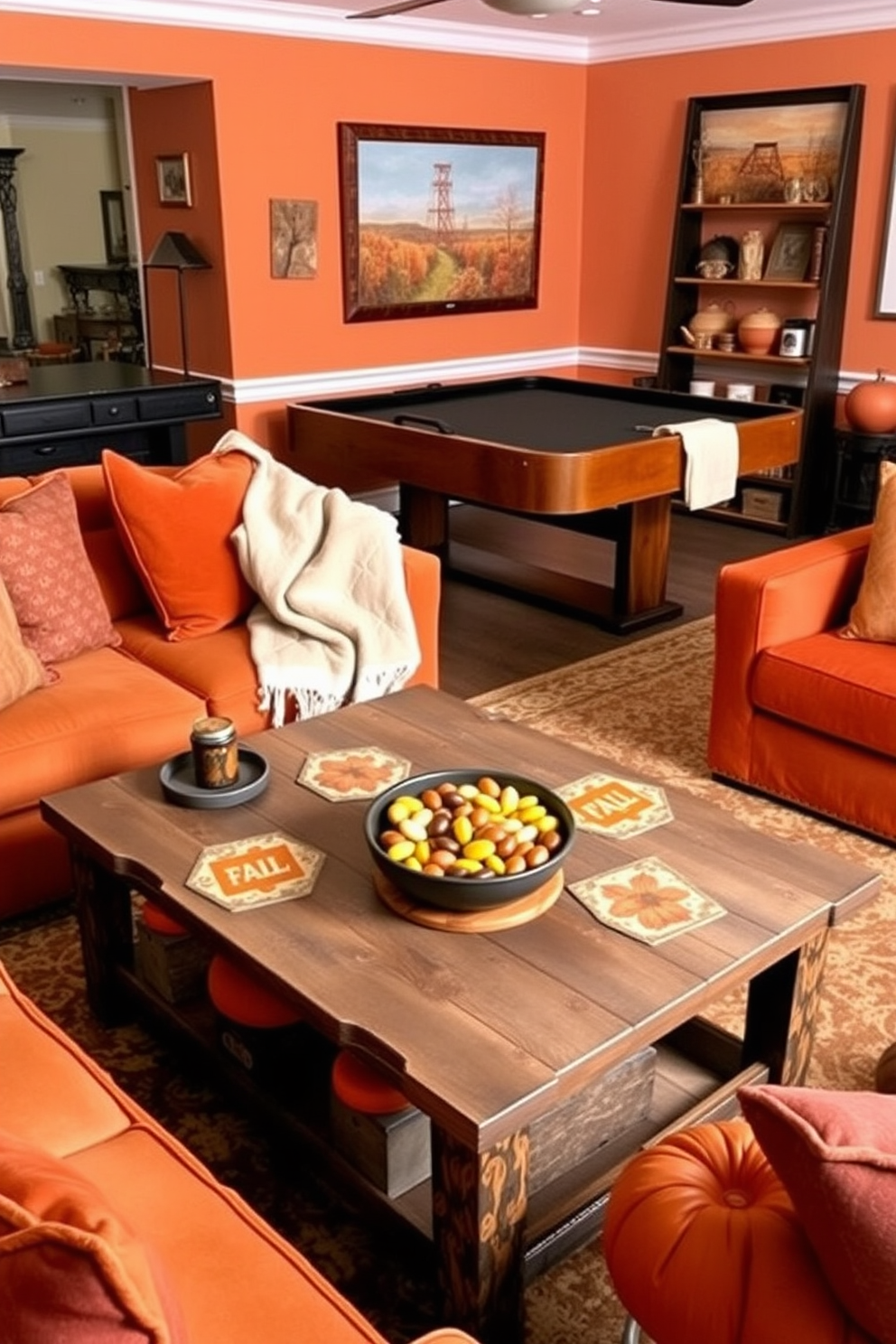 A rustic wooden coffee table is adorned with a cozy arrangement of pumpkins and gourds in various sizes. A soft plaid blanket drapes casually over the side, while a warm candle flickers in a glass holder, creating an inviting atmosphere. The game room features a vintage arcade machine in one corner, complemented by a plush sectional sofa in earthy tones. Wall art showcasing autumn landscapes brings seasonal charm, and a woven basket filled with cozy blankets adds a touch of comfort.