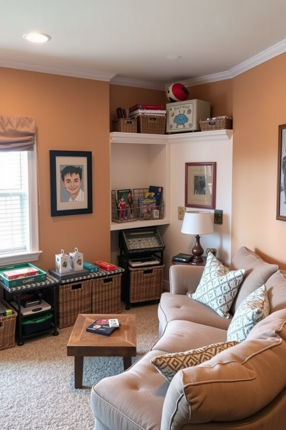 A cozy game room designed for family gatherings. Decorative baskets in various sizes are strategically placed around the room to store games and accessories, adding both functionality and style. The walls are adorned with warm colors and playful artwork, creating an inviting atmosphere. A plush sectional sofa complements the space, ensuring comfort during game nights.