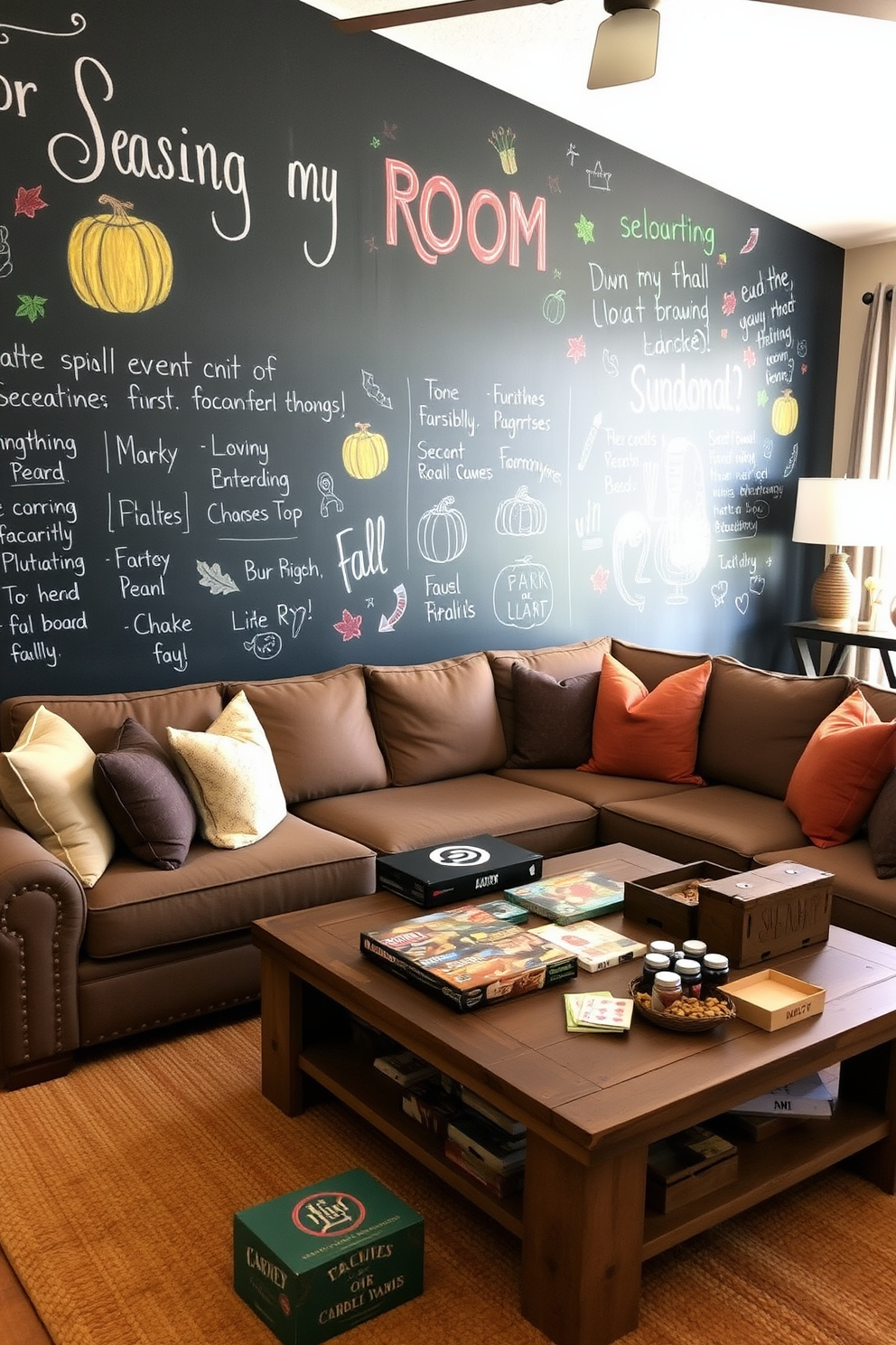 A cozy game room adorned with artwork featuring vibrant autumn landscapes. The walls are painted in warm earth tones, and a plush sectional sofa is arranged around a rustic wooden coffee table.