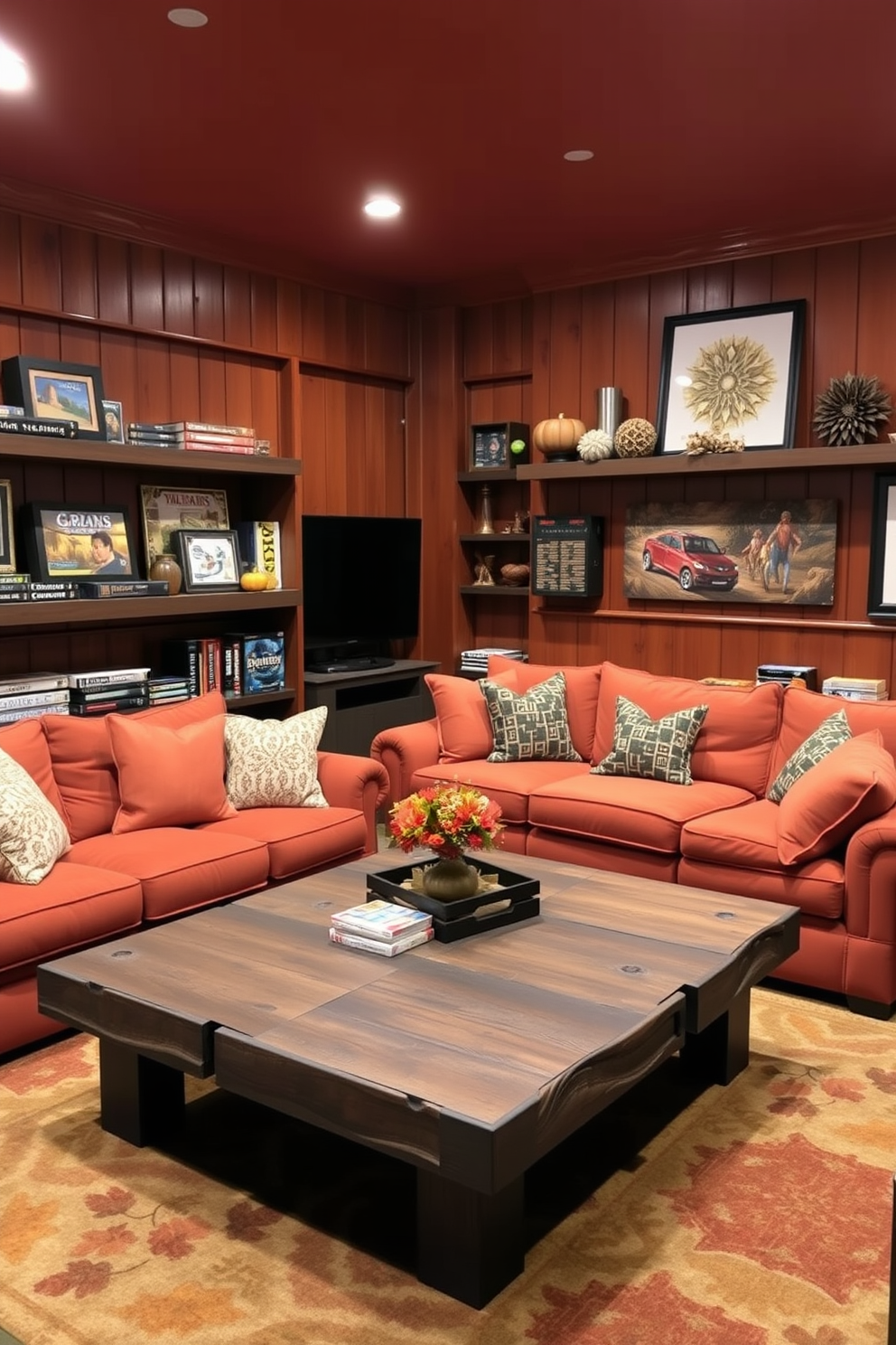 A cozy game room featuring a warm color palette dominated by rich oranges and deep browns. The walls are adorned with wooden paneling, and plush seating invites relaxation and enjoyment. A large area rug with autumn-inspired patterns lies beneath a rustic coffee table. Shelves filled with board games and seasonal decor complete the inviting atmosphere.