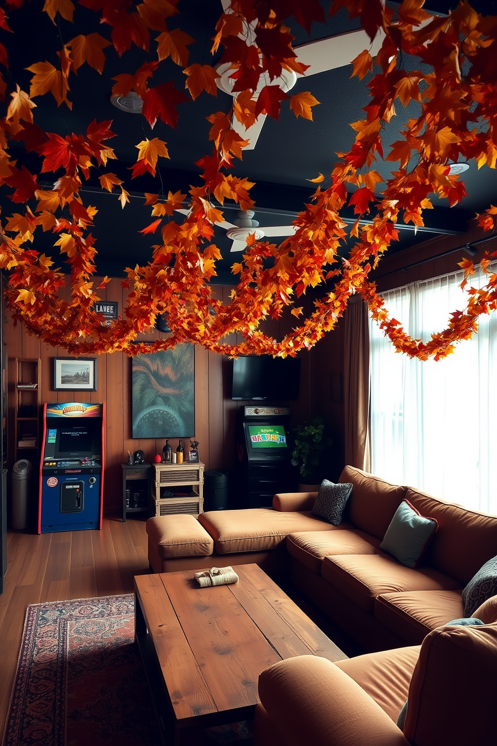 A cozy game room adorned with hanging garlands of vibrant autumn leaves. The space features a large sectional sofa in warm tones, complemented by a rustic wooden coffee table and a vintage arcade game in the corner.