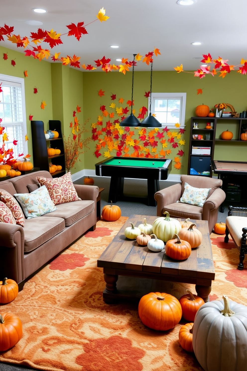 Mason jars filled with seasonal treats are arranged on a rustic wooden shelf. The warm glow of string lights enhances the cozy atmosphere, while colorful leaves and small pumpkins add a festive touch. The game room features a large, inviting sectional sofa adorned with plush throw pillows. A vintage coffee table made from reclaimed wood sits in the center, surrounded by board games and a soft, patterned rug.