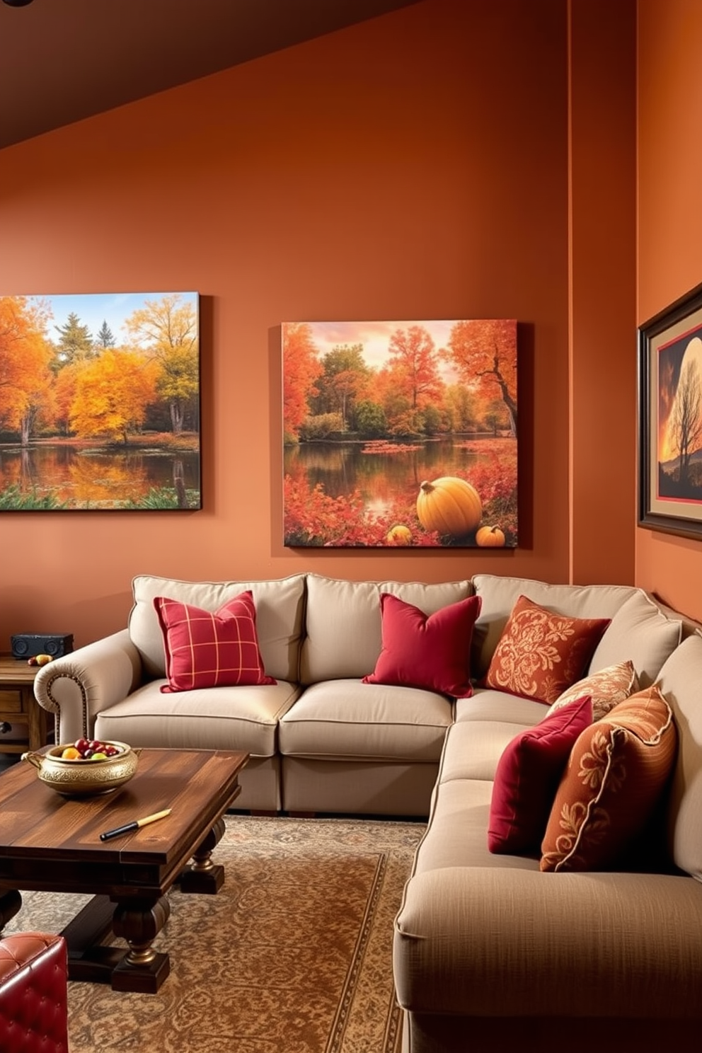 A cozy game room adorned with artwork featuring vibrant autumn landscapes. The walls are painted in warm earth tones, and a plush sectional sofa is arranged around a rustic wooden coffee table. On one wall, a large canvas showcases a serene fall scene with colorful foliage and a tranquil lake. To enhance the autumn theme, decorative throw pillows in rich oranges and deep reds are scattered across the sofa.