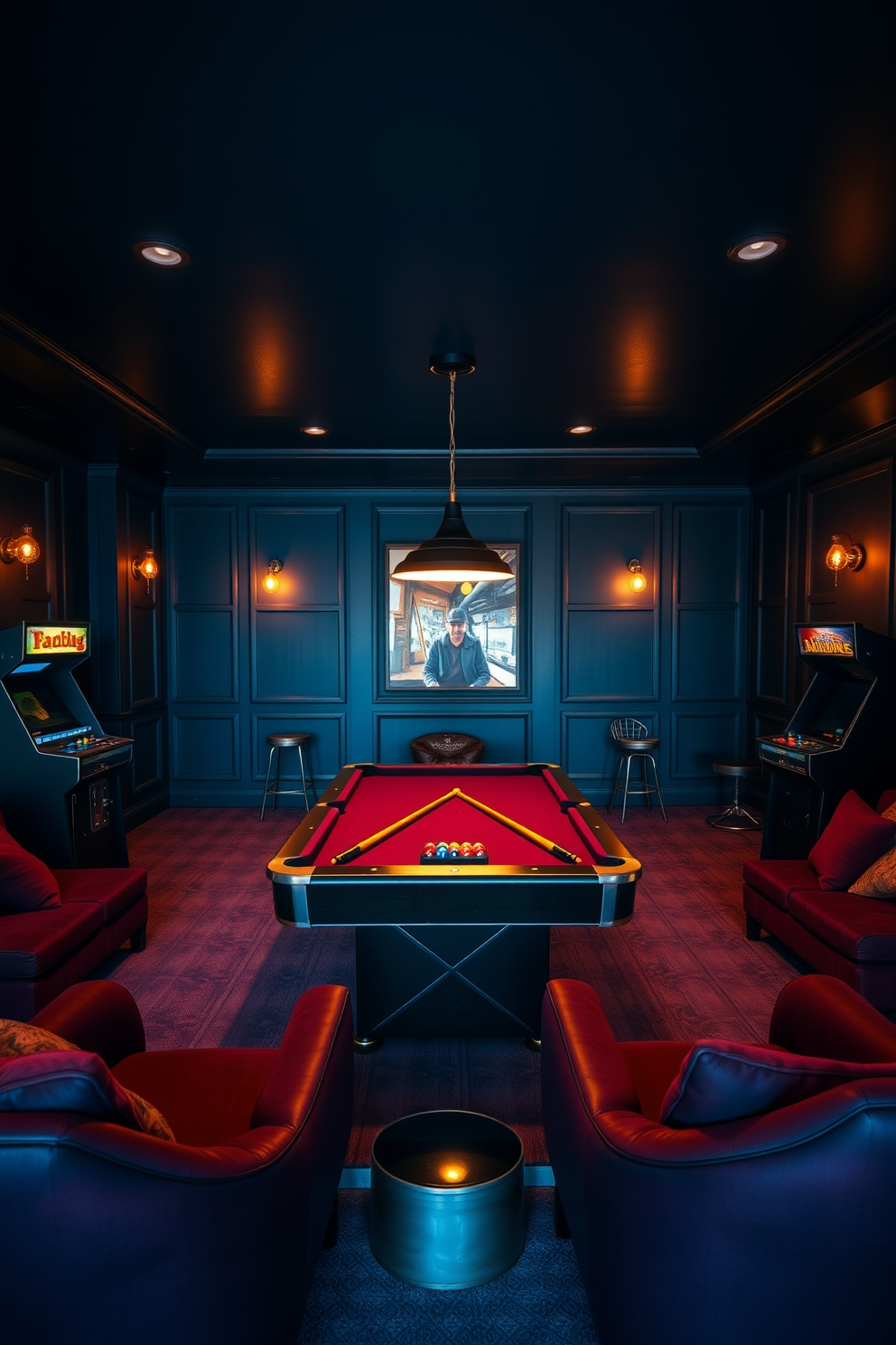 A cozy game room setting designed for relaxation and entertainment. The walls are painted in a deep navy blue, complemented by plush seating in rich burgundy. Mood lighting is created with warm-toned bulbs strategically placed around the room. A stylish pool table takes center stage, surrounded by vintage arcade games and comfortable lounge chairs.