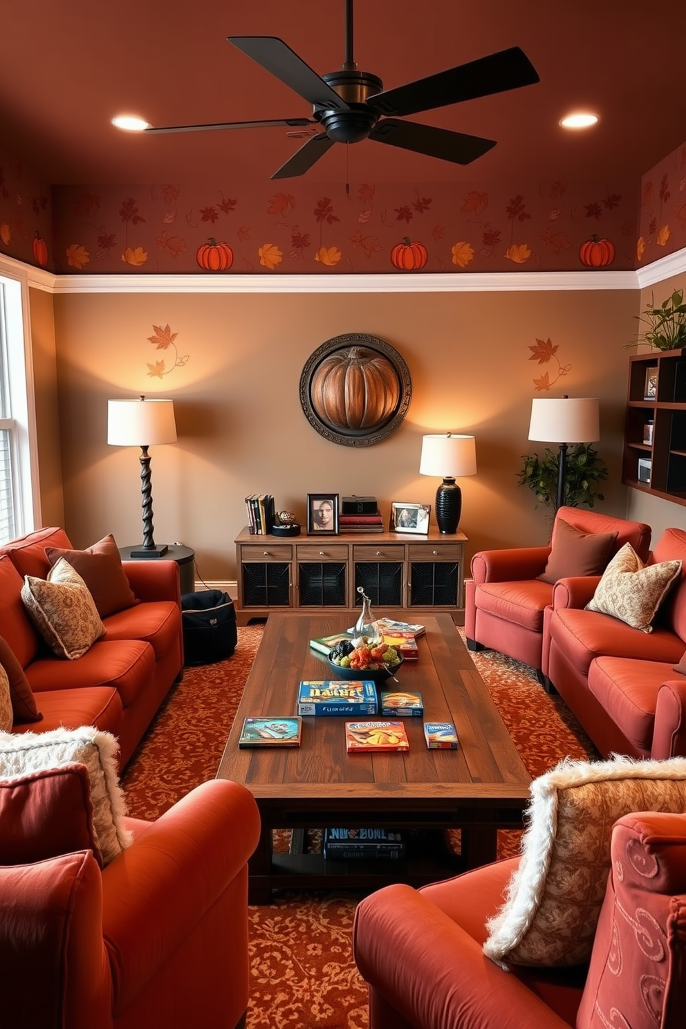 A cozy game room adorned with seasonal themed wall decals that celebrate the essence of fall. The walls are decorated with vibrant leaves, pumpkins, and playful autumn motifs, creating a warm and inviting atmosphere for family gatherings.