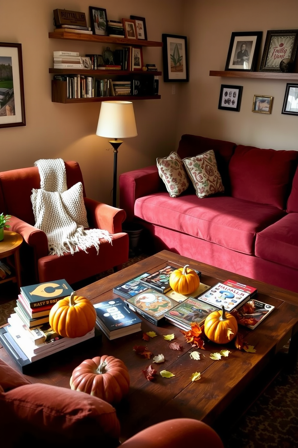 Cozy reading nook with fall books. A plush armchair in warm tones sits beside a small wooden side table stacked with various fall-themed books. Soft, ambient lighting from a nearby floor lamp creates a welcoming atmosphere. A knitted throw blanket drapes over the armchair, and a small potted plant adds a touch of greenery to the space. Fall Game Room Decorating Ideas. A large sectional sofa in rich burgundy invites relaxation, while a rustic coffee table holds an assortment of board games. Decorative pumpkins and autumn leaves are scattered across the table, enhancing the seasonal theme. Wall-mounted shelves display framed photos and game memorabilia, creating a personalized touch.