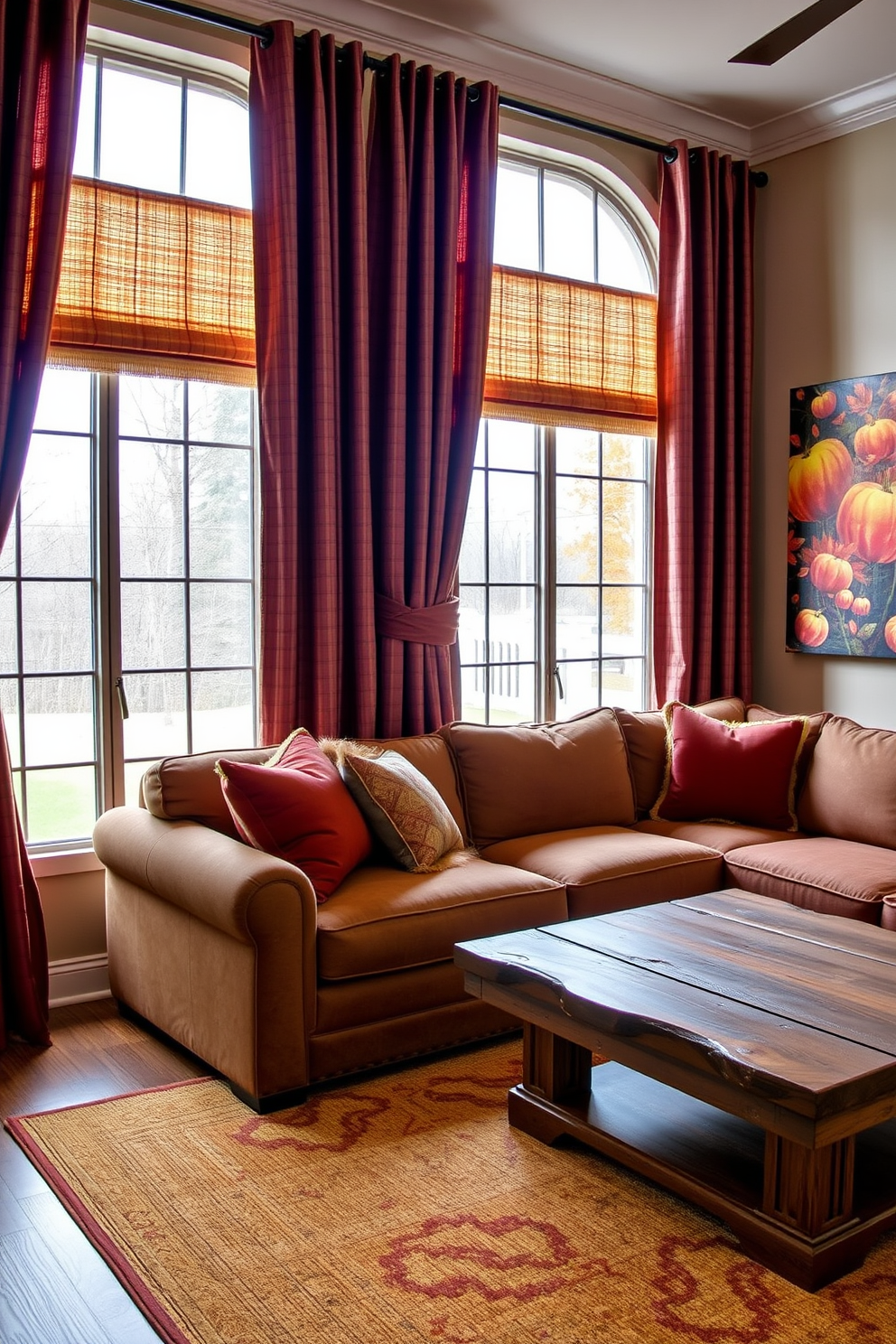 Textured curtains in rich colors drape elegantly across the windows, creating a warm and inviting atmosphere. The game room features a plush sectional sofa in deep hues, complemented by a rustic wooden coffee table and vibrant wall art that reflects the spirit of fall.