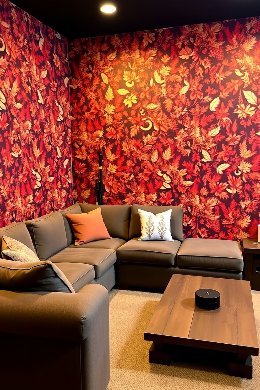 A cozy gaming room infused with fall vibes. The walls are adorned with warm orange and deep brown tones, and a plush area rug features autumn leaves. A stylish gaming chair is draped with a soft plaid blanket, while a wooden coffee table holds pumpkin spice candles. Shelves lined with seasonal decorations, including small pumpkins and pinecones, complete the inviting atmosphere.