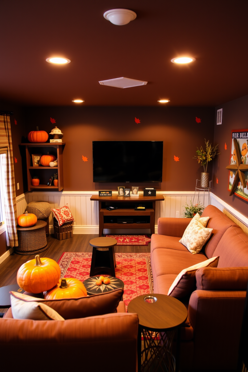 Create a vibrant game room that captures the essence of fall with fun wall decals featuring pumpkins, leaves, and acorns. The space is filled with cozy seating and playful decor that invites friends and family to enjoy seasonal games and gatherings.