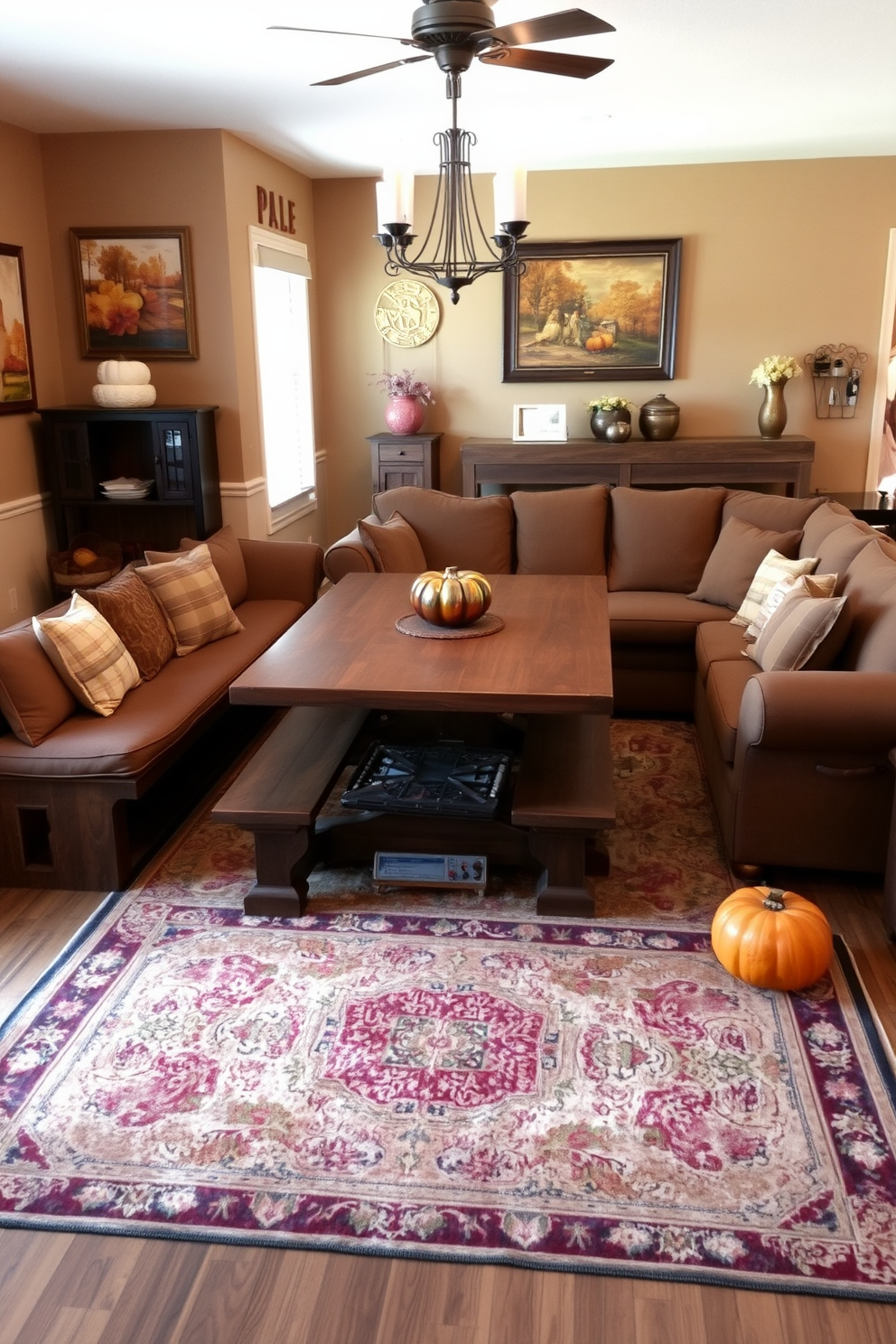 Cushioned benches are arranged around a rustic wooden table, providing extra seating for gatherings. The walls are adorned with autumn-themed artwork, and warm, earthy tones create a cozy atmosphere. The game room features a large, comfortable sectional sofa with plush cushions, inviting relaxation and fun. A vintage-style rug anchors the space, while decorative pumpkins and seasonal accents enhance the fall ambiance.