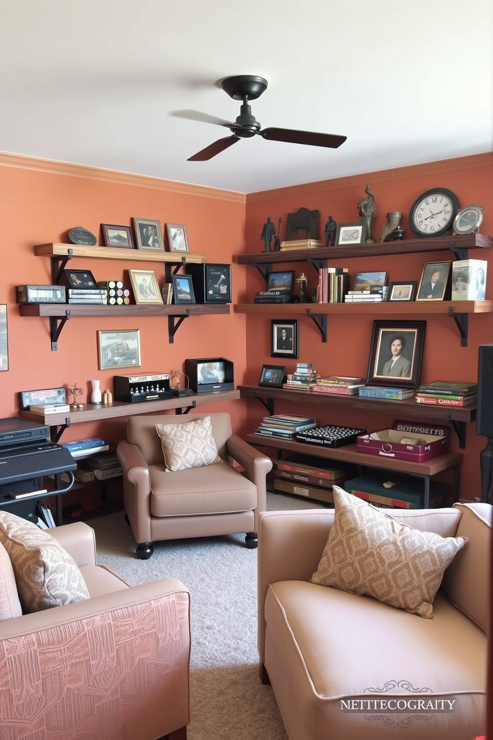 A cozy game room featuring rustic wooden shelves adorned with board games and vintage collectibles. The walls are painted in warm earthy tones, and a soft area rug lies beneath a comfortable seating arrangement.