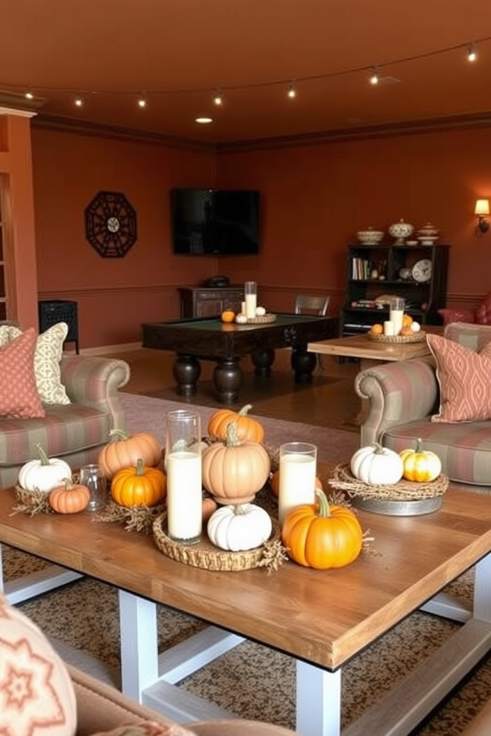 A cozy game room adorned with pumpkin decor on the coffee tables creates a warm autumn atmosphere. The tables are topped with small and medium-sized pumpkins in various shades of orange and white, complemented by rustic candles and seasonal foliage. The walls are painted in a rich, warm brown, creating a perfect backdrop for the vibrant fall decorations. Plush seating arrangements invite guests to relax and enjoy games, while string lights add a soft glow to the inviting space.