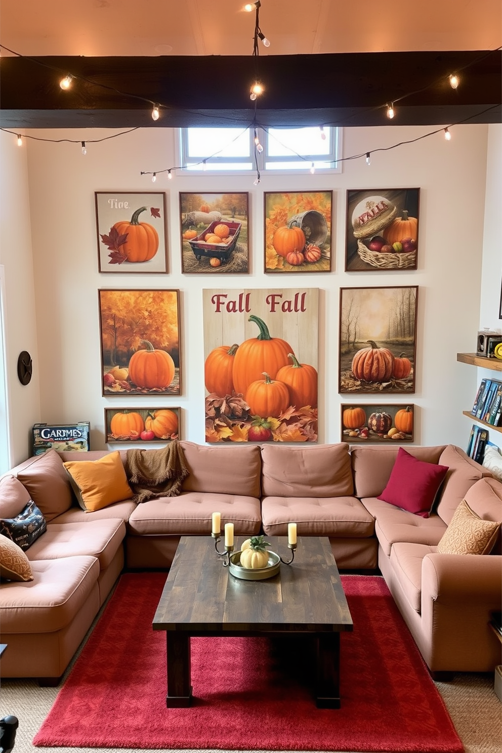 A cozy game room decorated for fall features a large wall adorned with vibrant fall-themed prints showcasing pumpkins, leaves, and harvest scenes. The space includes a plush sectional sofa in warm tones, a rustic coffee table, and a selection of board games displayed on a wooden shelf. The walls are painted in a soft cream color to enhance the warm autumn hues of the decor. String lights are draped across the ceiling, adding a soft glow that complements the seasonal artwork and creates an inviting atmosphere.