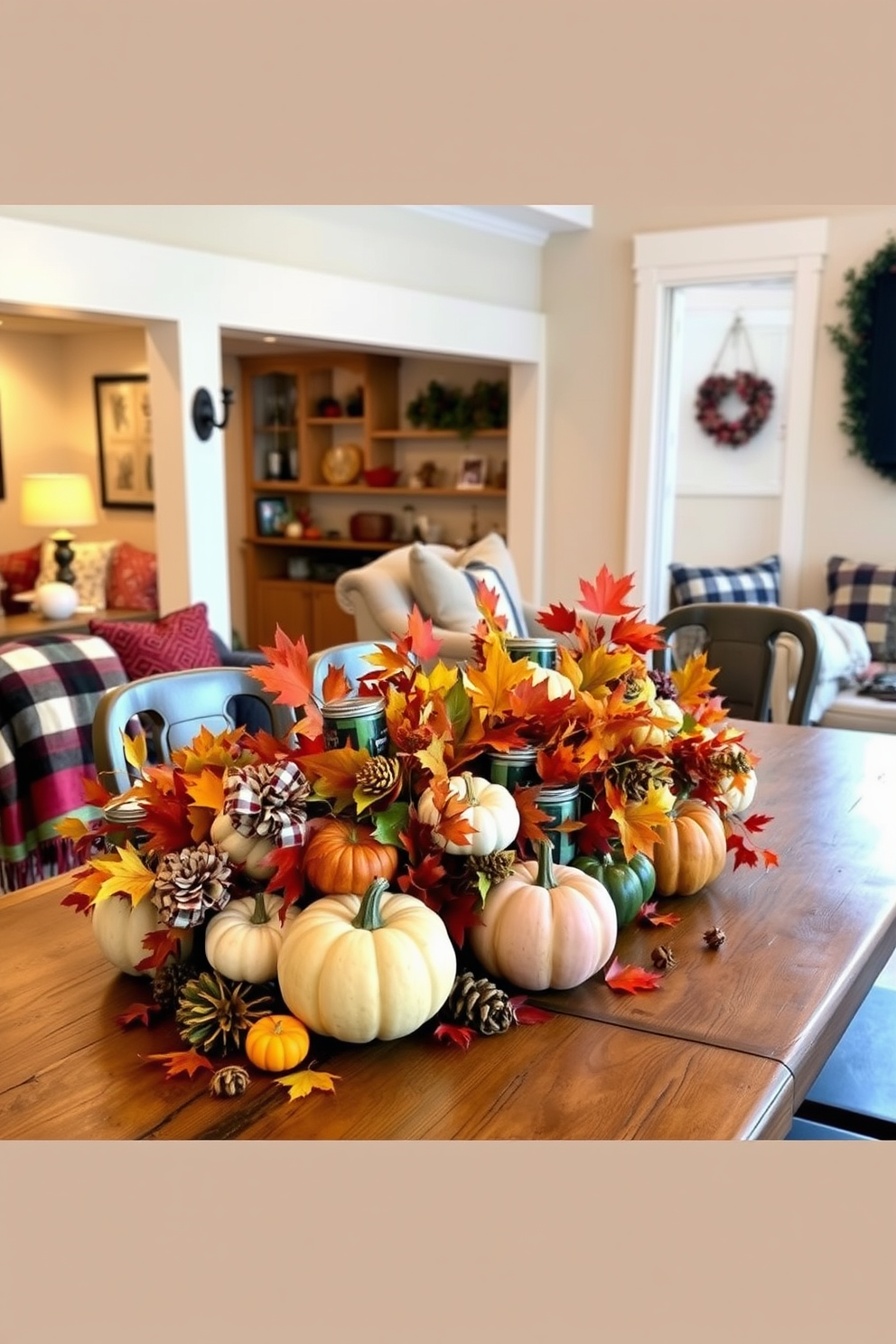 Harvest themed centerpieces for tables. A rustic wooden table is adorned with a vibrant assortment of pumpkins, gourds, and colorful autumn leaves. Fall game room decorating ideas. The space features cozy seating with plaid blankets, while warm lighting creates an inviting atmosphere for gatherings.