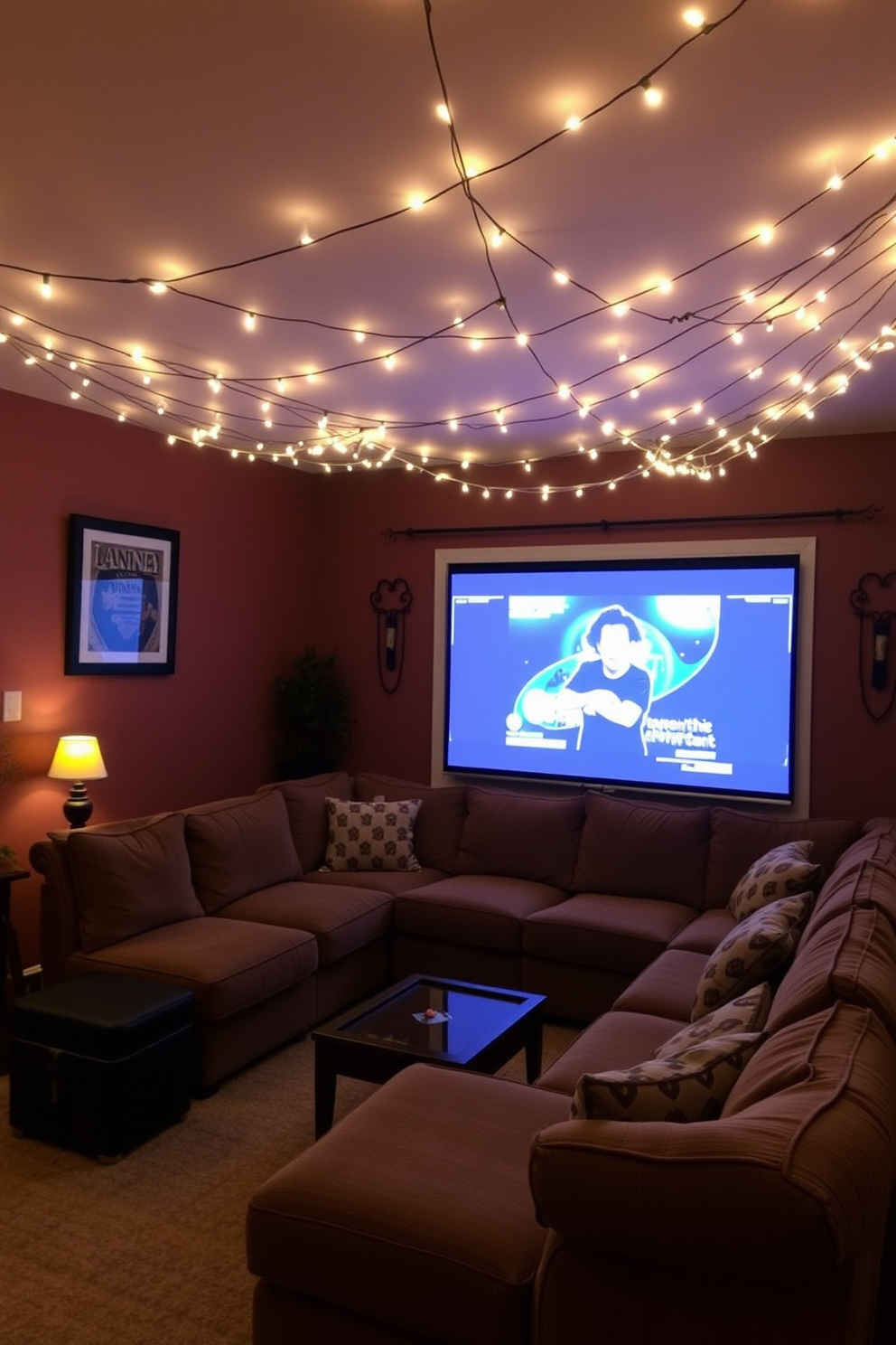 A cozy game room adorned with soft lighting created by string lights draped across the ceiling. The walls are painted in warm earthy tones, and a plush sectional sofa invites relaxation while enjoying games with friends.