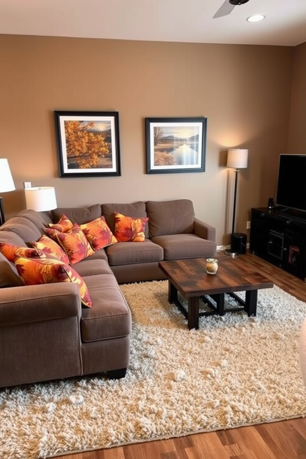 Seasonal throw pillows adorned with vibrant leaves in shades of orange, yellow, and deep red are scattered across a cozy sectional sofa. The game room features a rustic wooden coffee table, and a plush area rug anchors the space, inviting relaxation and playfulness. The walls are painted in a warm taupe, complementing the autumnal theme, while framed artwork depicting fall landscapes adds a touch of seasonal charm. A stylish gaming console sits on a sleek media unit, and soft lighting from floor lamps creates a welcoming atmosphere for gatherings.