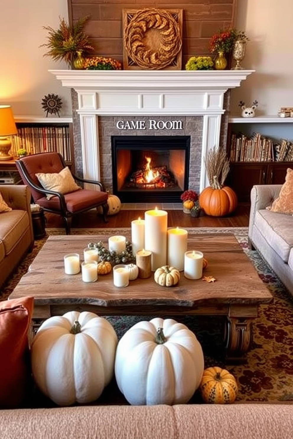 Create a cozy game room that embodies the spirit of autumn. Incorporate warm tones with plush seating, a rustic wooden coffee table, and a fireplace that sets a welcoming atmosphere. Place an array of autumn scented candles on the coffee table to enhance the ambiance. Use decorative elements like pumpkins and fall leaves to complement the seasonal theme throughout the room.