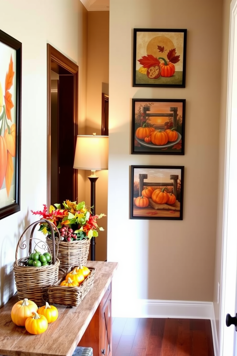 A cozy hallway adorned with fall-themed wall art featuring warm tones of orange, red, and yellow. The prints depict autumn leaves, pumpkins, and harvest scenes, creating a welcoming atmosphere. The hallway is decorated with a rustic wooden console table topped with small pumpkins and a woven basket filled with seasonal foliage. Soft lighting from a vintage-style lamp enhances the inviting ambiance, making it perfect for the fall season.