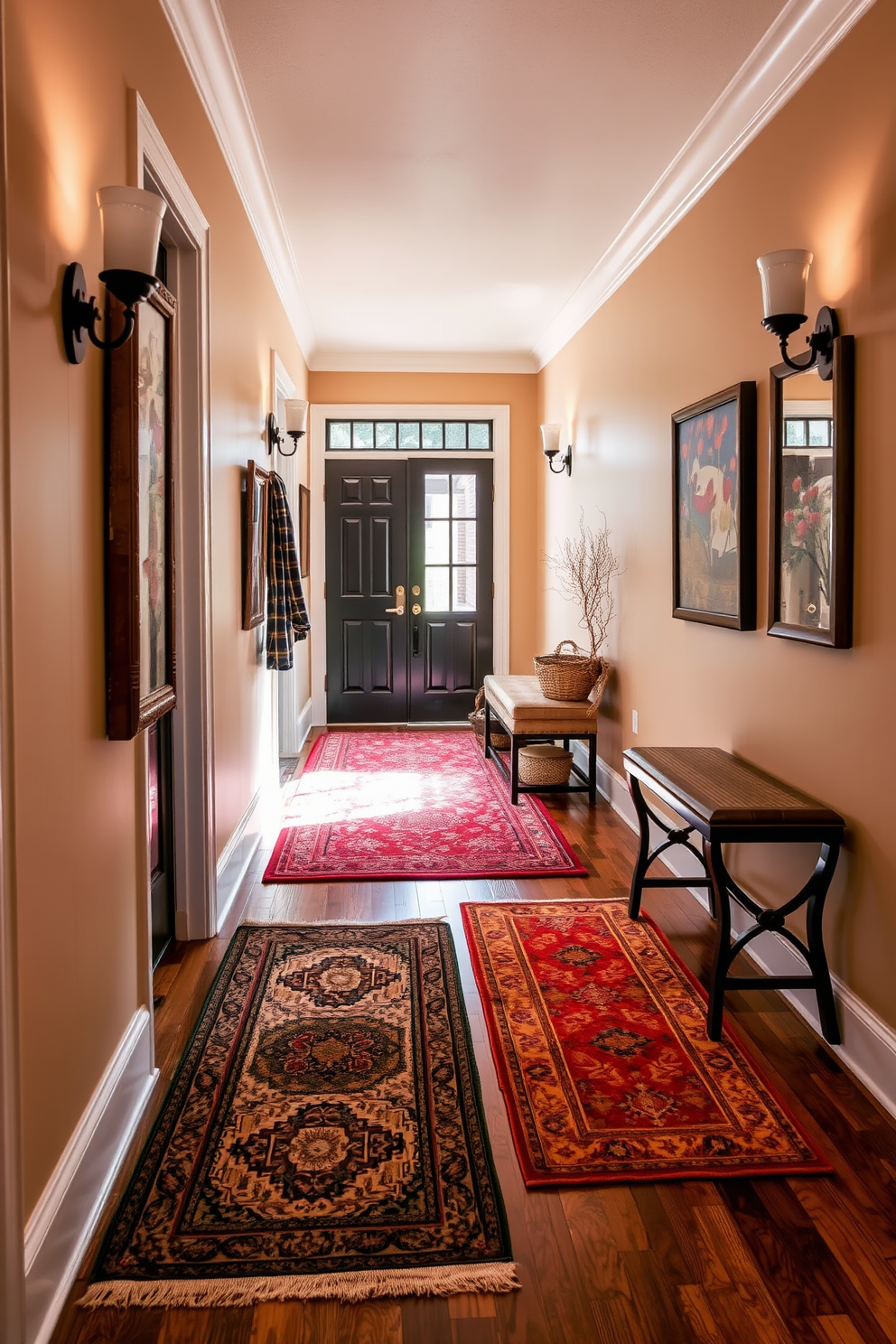 A cozy hallway adorned with layered rugs in warm autumn hues. The rugs feature intricate patterns that complement the rich wooden flooring and create a welcoming atmosphere. Soft lighting from stylish sconces casts a gentle glow on the walls, which are painted in a warm beige tone. Decorative elements like a small bench and seasonal artwork enhance the inviting feel of the space.