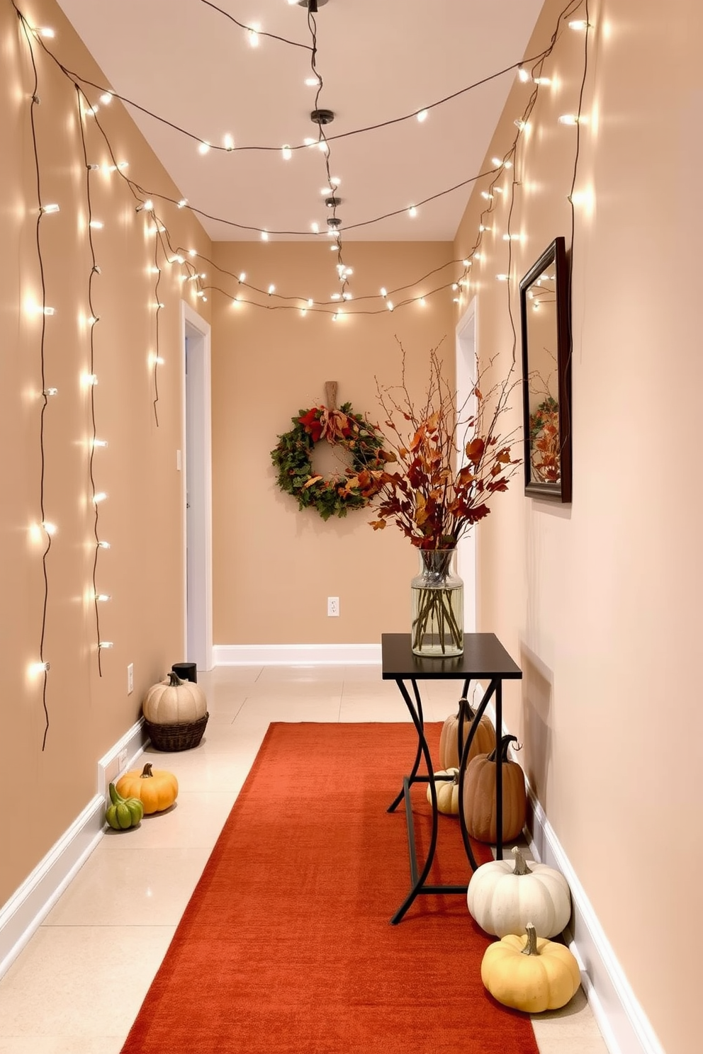 A cozy hallway adorned with string lights creates a warm and inviting atmosphere. The walls are painted in a soft beige, and a runner rug in autumn hues leads down the corridor. Decorative pumpkins and gourds are placed along the baseboards, adding seasonal charm. On a small console table, a vase filled with dried leaves and twigs complements the overall fall theme.