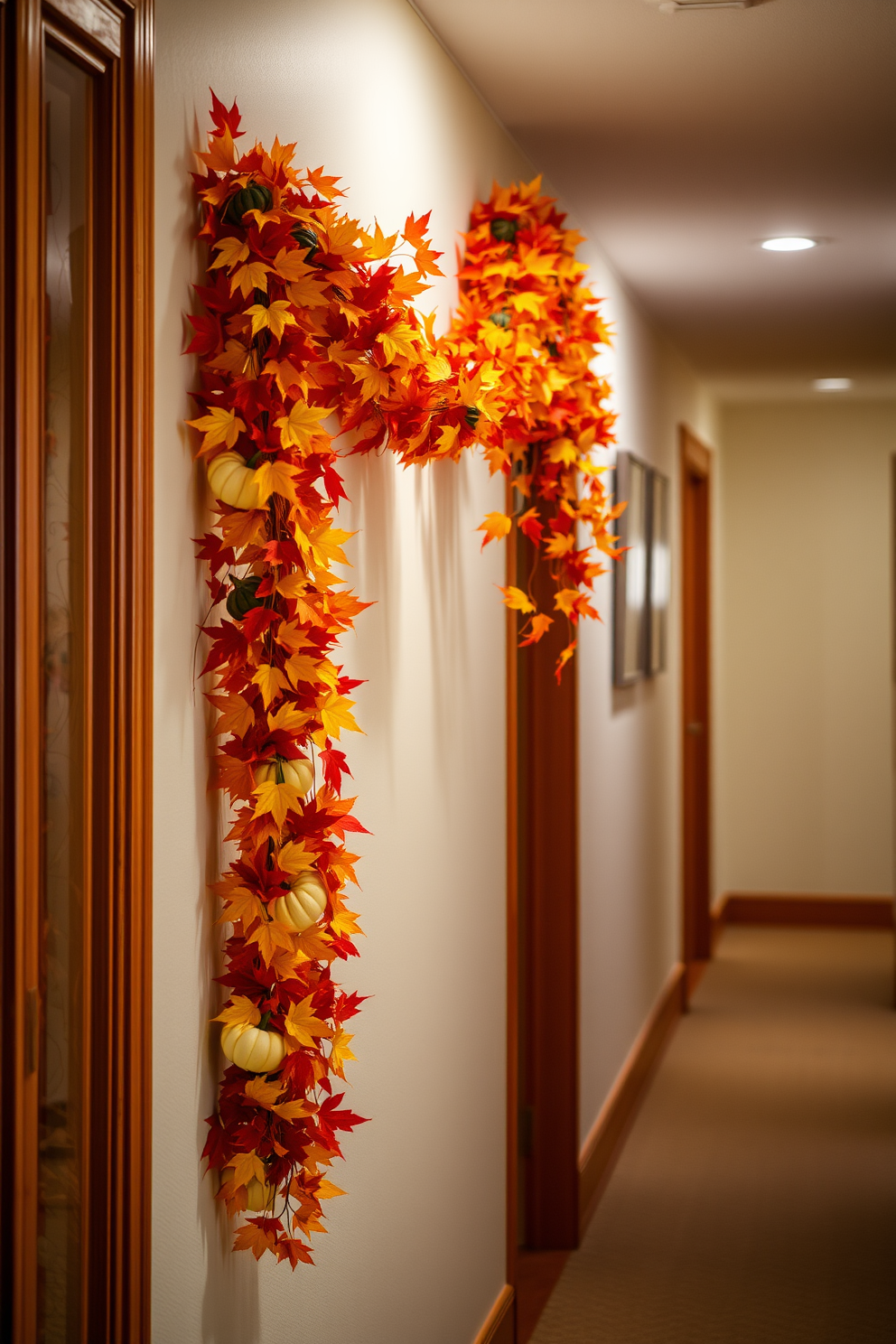 A vibrant fall garland drapes elegantly along the wall, showcasing an array of orange, yellow, and red leaves interspersed with small pumpkins. The hallway features warm wooden accents and soft lighting that enhances the seasonal decor, creating a welcoming atmosphere.