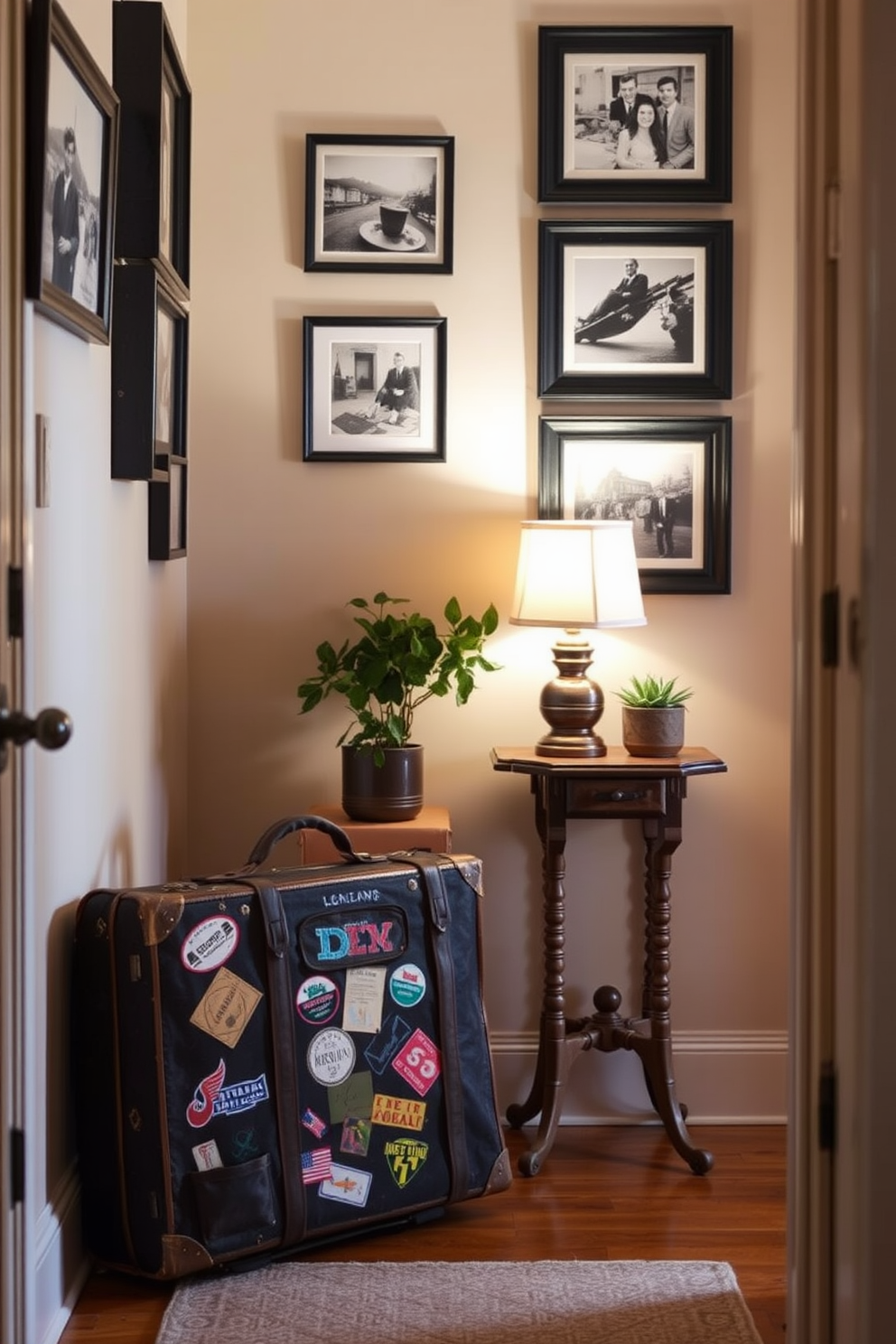 A vintage suitcase rests against the wall in a cozy hallway, evoking a sense of nostalgia and adventure. The suitcase is adorned with travel stickers and sits beneath a collection of framed black and white photographs, creating a warm and inviting atmosphere. The hallway features a muted color palette with soft beige walls and warm wooden flooring. A small console table is placed nearby, decorated with a rustic lamp and a potted plant, enhancing the vintage charm of the space.