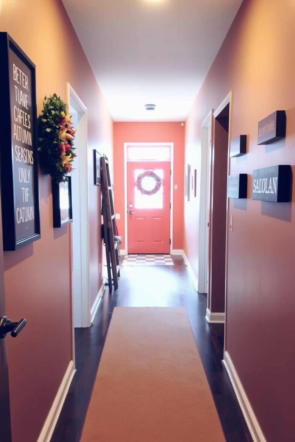 A cozy hallway adorned with seasonal quotes on small wooden signs. The walls are painted in warm autumn tones, with a soft runner rug leading down the space.