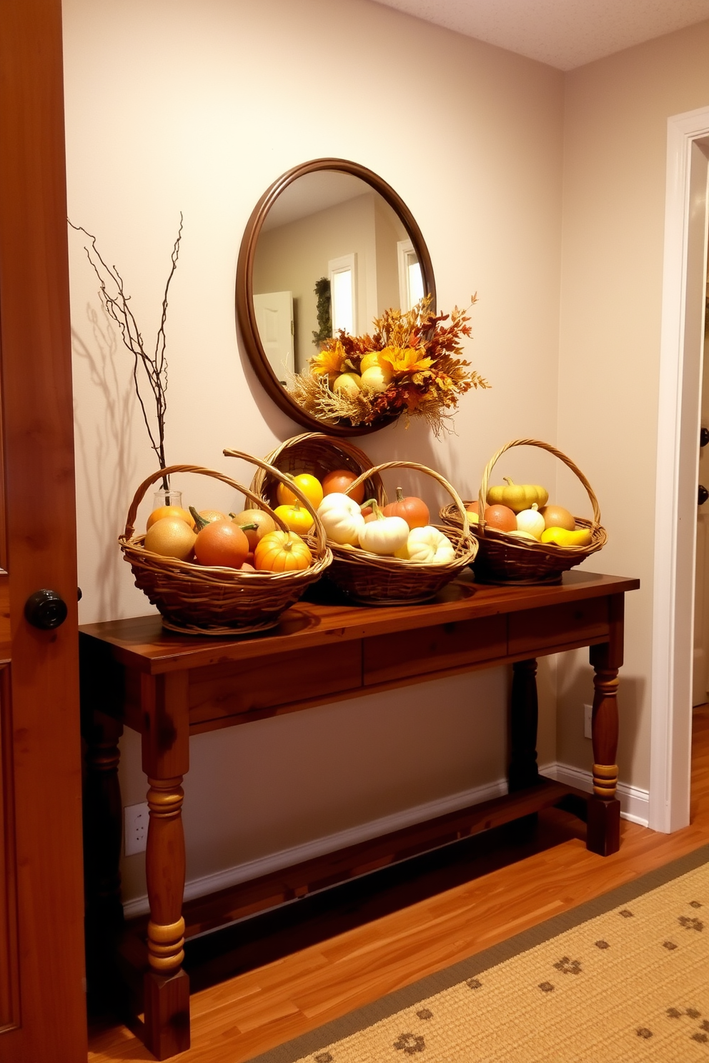 A cozy hallway adorned with fall-themed decorations. The walls are lined with warm-toned artwork featuring autumn leaves, and a rustic console table displays a vibrant table runner featuring pumpkins and gourds. The table runner cascades elegantly over the edges of the console, complemented by small decorative lanterns on either side. A garland of faux fall leaves trails along the top of the console, adding a touch of seasonal charm to the space.