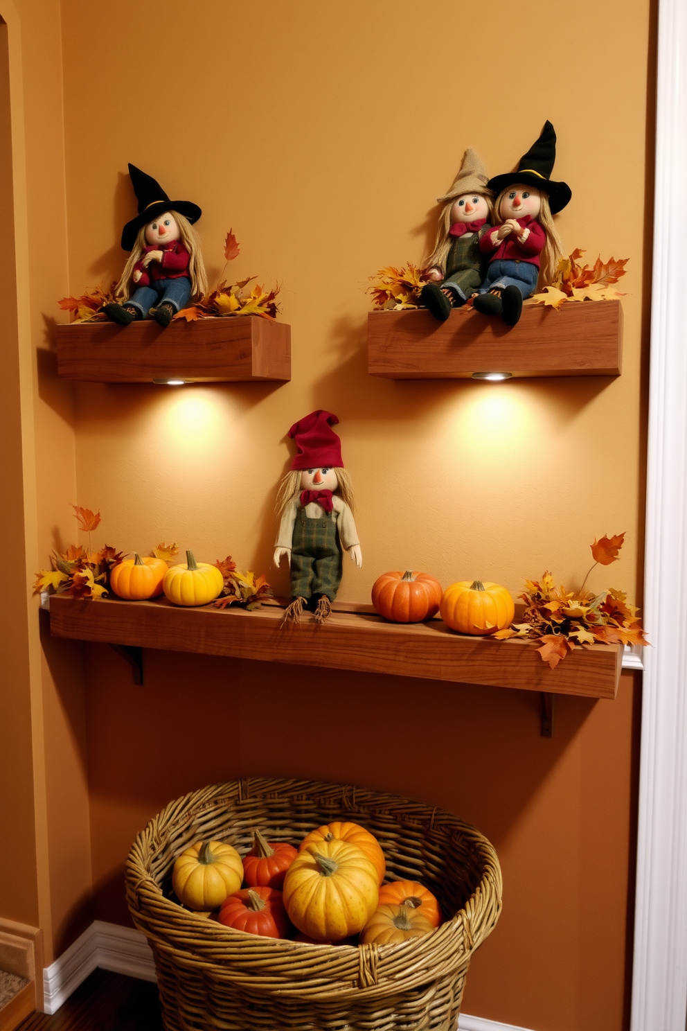 Miniature scarecrows are perched on rustic wooden shelves, adding a whimsical touch to the fall-themed hallway. The shelves are adorned with colorful autumn leaves and small pumpkins, creating a cozy and inviting atmosphere. The hallway walls are painted in warm earth tones, complemented by soft lighting that enhances the seasonal decor. A woven basket filled with seasonal gourds sits at the base of the shelves, completing the festive look.