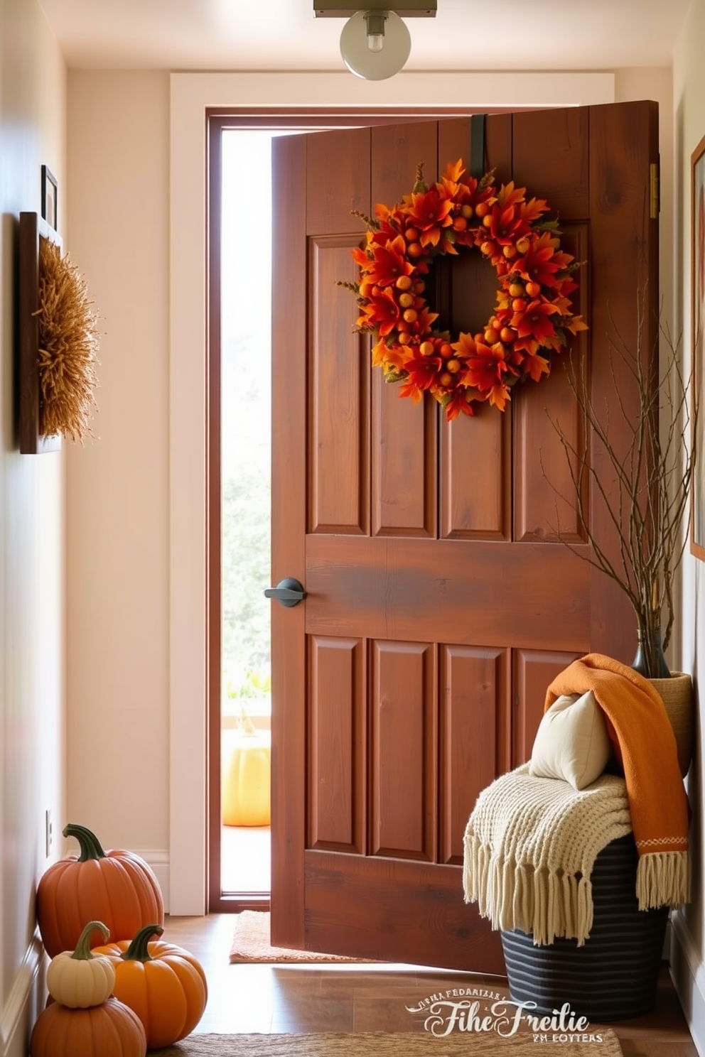 A welcoming hallway adorned with a vibrant autumn wreath hanging on a rustic wooden door. The space features warm-toned decor, including pumpkins and cozy throw blankets that evoke the essence of fall.