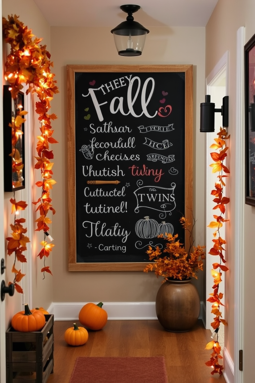 A cozy hallway adorned with a large chalkboard displaying cheerful fall messages and seasonal artwork. Surrounding the chalkboard are warm-toned decorations such as small pumpkins, garlands of autumn leaves, and soft lighting that creates an inviting atmosphere.