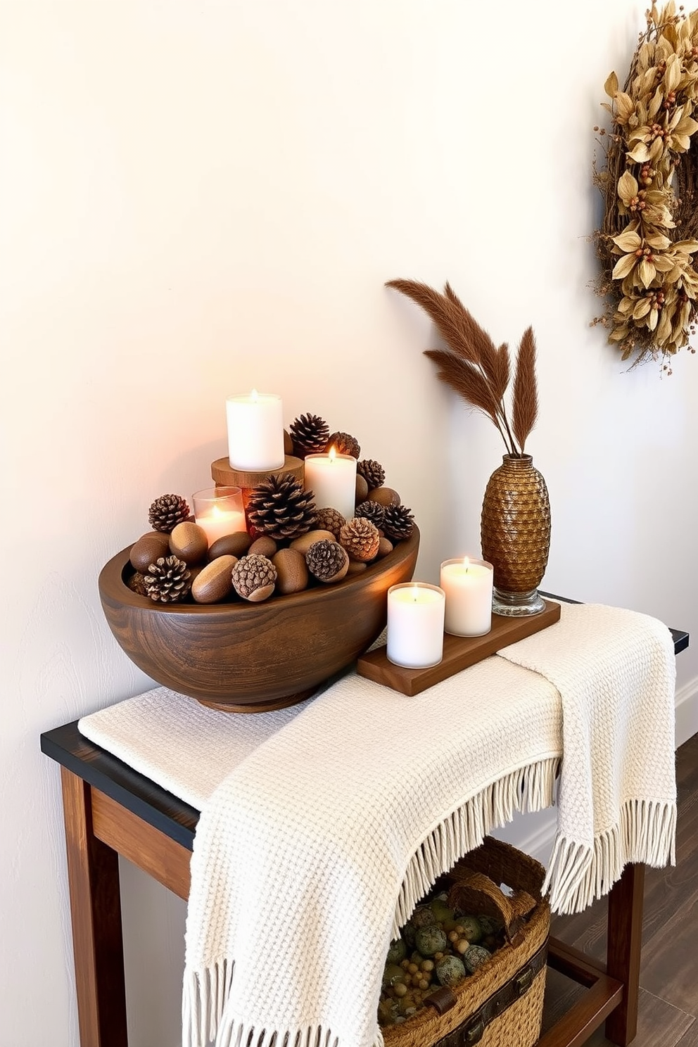 A cozy hallway adorned with faux fur throws draped over a sleek bench invites warmth and comfort. The walls are painted in a soft beige, complemented by earthy-toned artwork that enhances the inviting atmosphere. Strategically placed decorative pumpkins and autumn leaves create a seasonal touch along the hallway. A stylish runner rug in rich hues adds texture and guides guests through this beautifully decorated space.