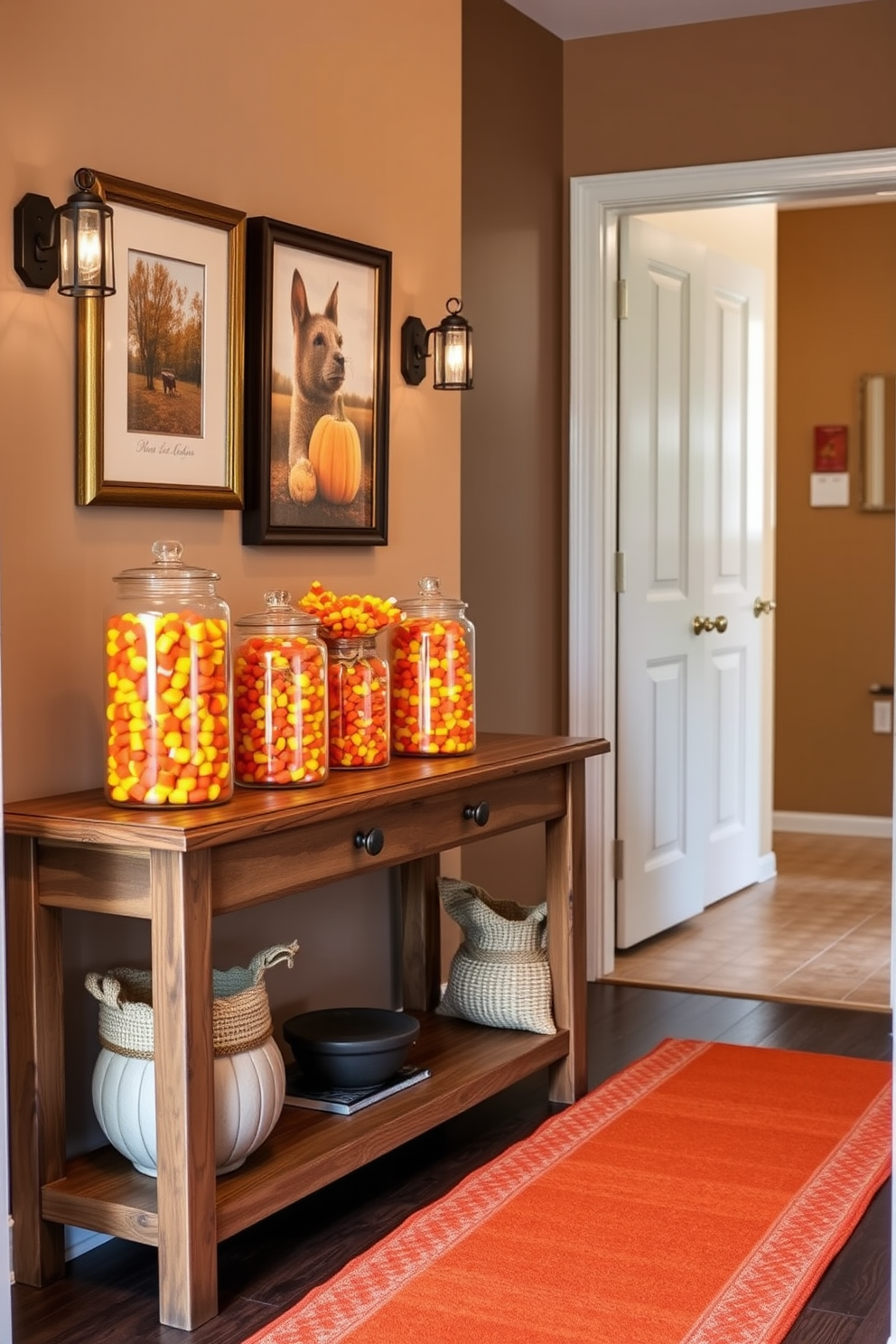 A charming hallway decorated for fall features glass jars filled with vibrant candy corn arranged on a wooden console table. The walls are adorned with warm autumn-themed artwork, and a cozy runner rug in rich orange tones stretches along the floor.