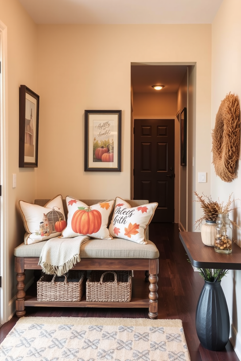 A cozy fall hallway adorned with decorative trays featuring an assortment of candles in varying heights and sizes. Lush greenery and autumn foliage spill over the edges of the trays, adding warmth and seasonal charm to the space.