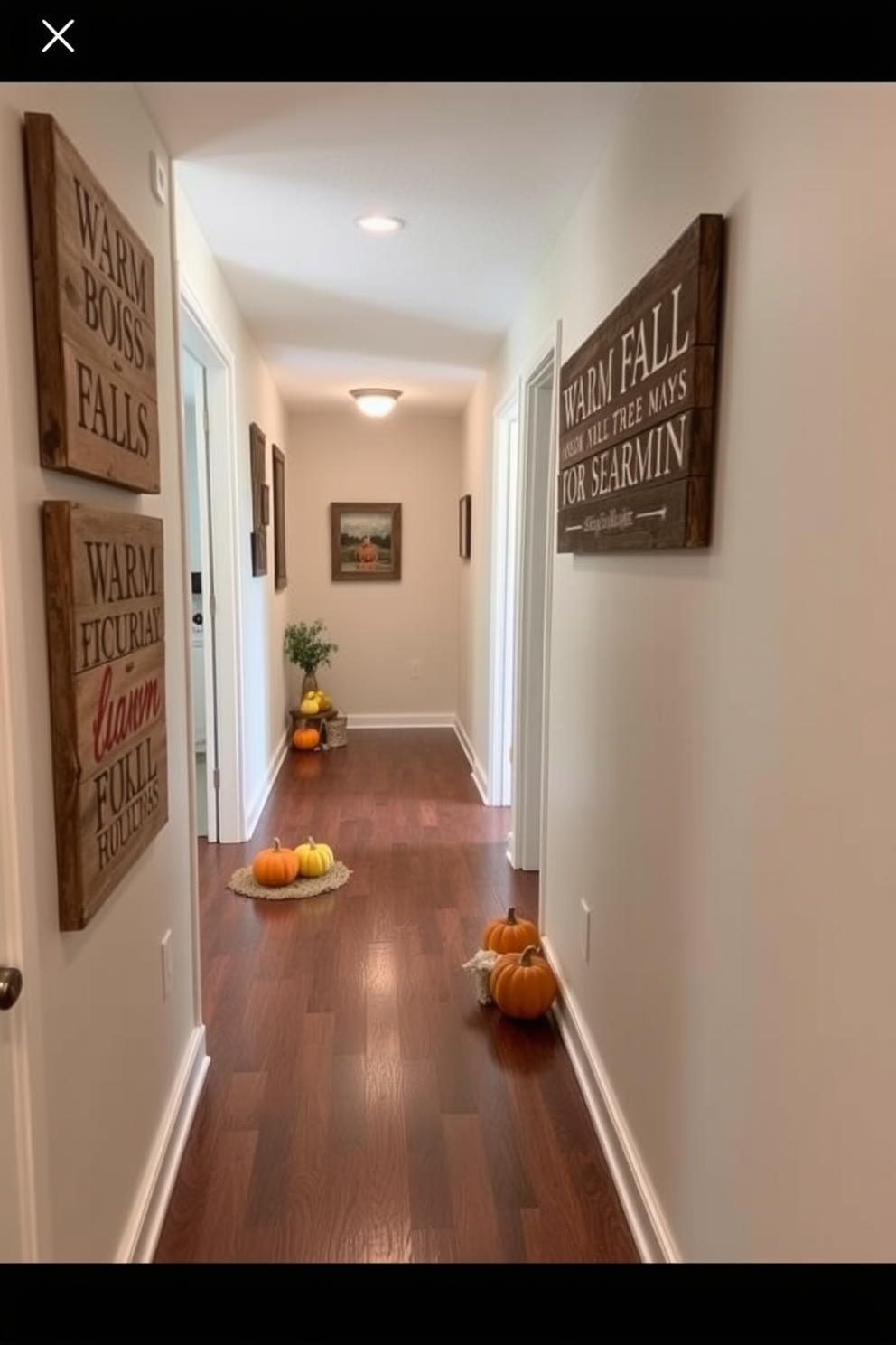 Wooden signs displaying warm fall sayings hang on the walls of a cozy hallway. The floor is adorned with a rich, dark hardwood that complements the autumn-themed decor. Decorative pumpkins and gourds are placed strategically along the hallway, adding pops of orange and yellow. Soft, ambient lighting illuminates the space, creating an inviting atmosphere perfect for the season.