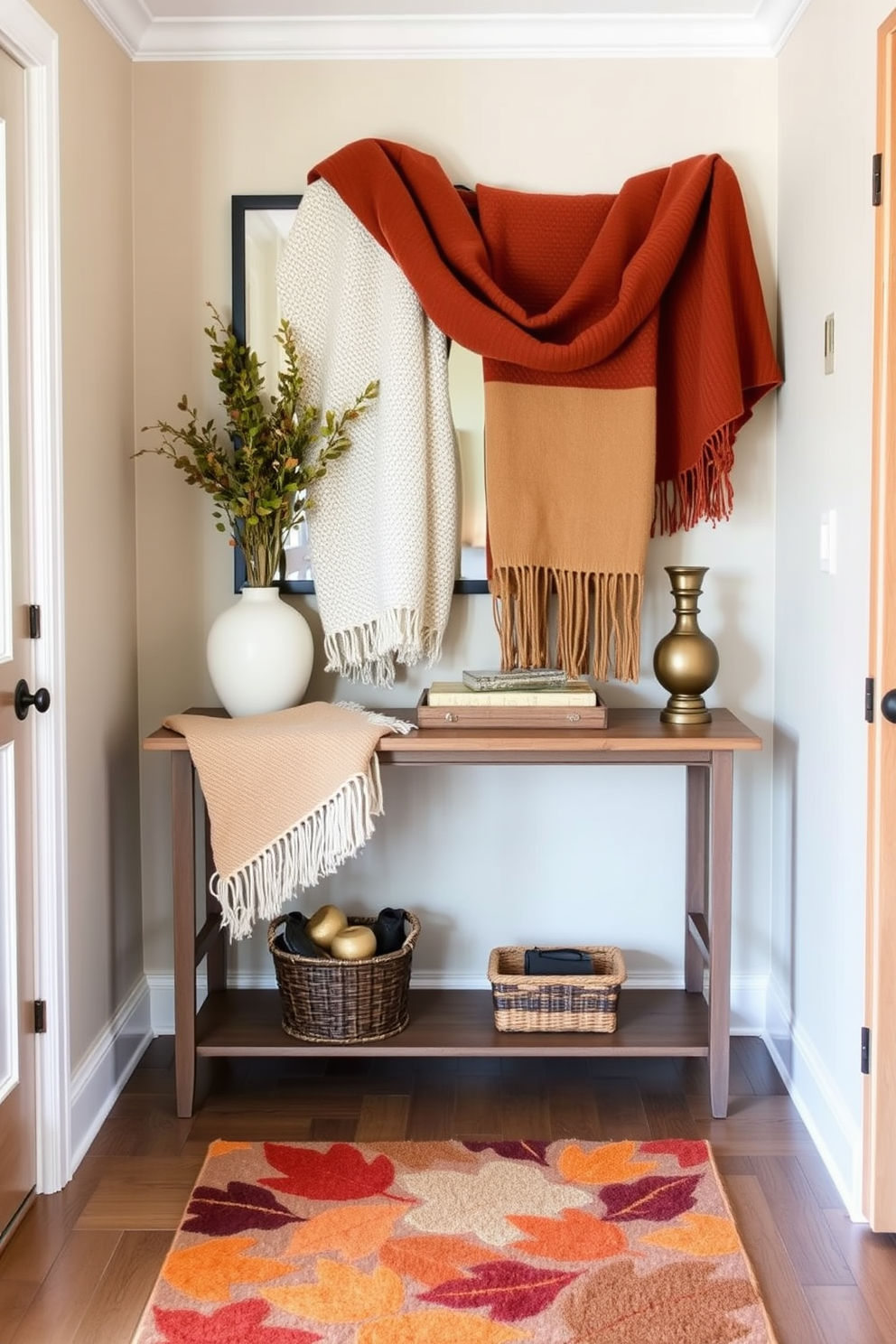 A cozy hallway adorned with warm earth tone throw blankets draped over a stylish console table. The walls are painted in a soft beige, complemented by wooden accents and a runner rug featuring autumn leaves.