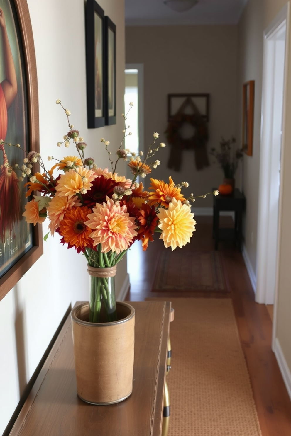 Fresh flowers in autumn hues are arranged in a rustic vase placed on a console table. The hallway is adorned with warm-toned decorations, including a woven runner and framed autumn-themed artwork on the walls.