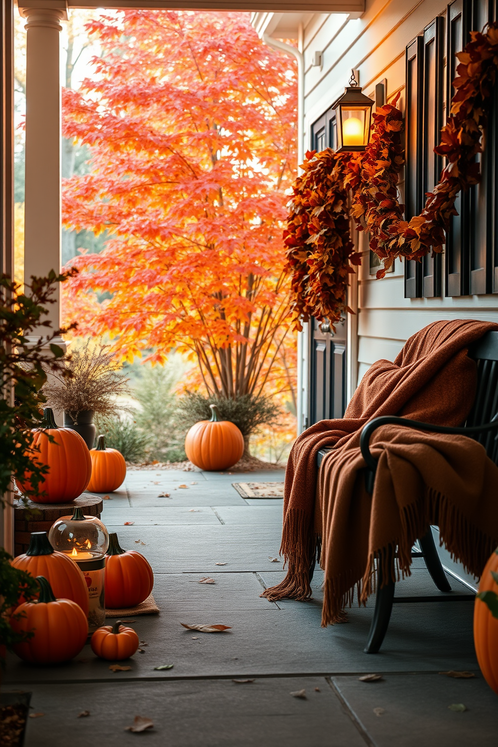 Decorative pumpkin lanterns are artfully arranged on the steps, creating a warm and inviting entrance. The soft glow from the lanterns highlights the rich autumn colors of the surrounding foliage. The hallway is adorned with garlands of dried leaves and small pumpkins, enhancing the seasonal charm. Cozy throw blankets in earthy tones are draped over a nearby bench, inviting guests to pause and enjoy the festive atmosphere.