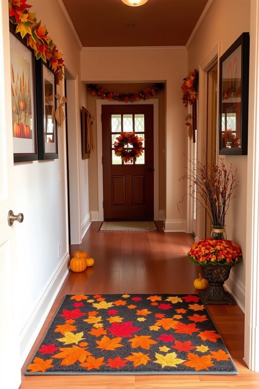 A cozy hallway adorned with seasonal plants in decorative pots. The vibrant colors of autumn leaves complement the warm hues of the walls, creating an inviting atmosphere.