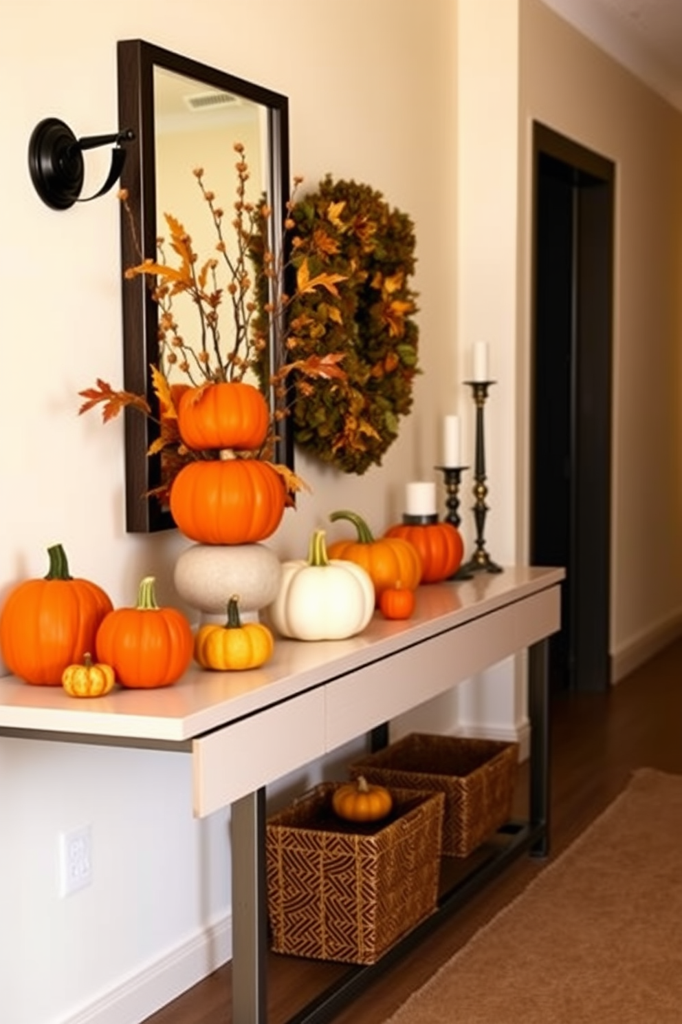 A warm and inviting hallway features a sleek console table adorned with a vibrant pumpkin display. The pumpkins are arranged in varying sizes and shades of orange, complemented by seasonal foliage and soft candlelight for a cozy autumn ambiance.