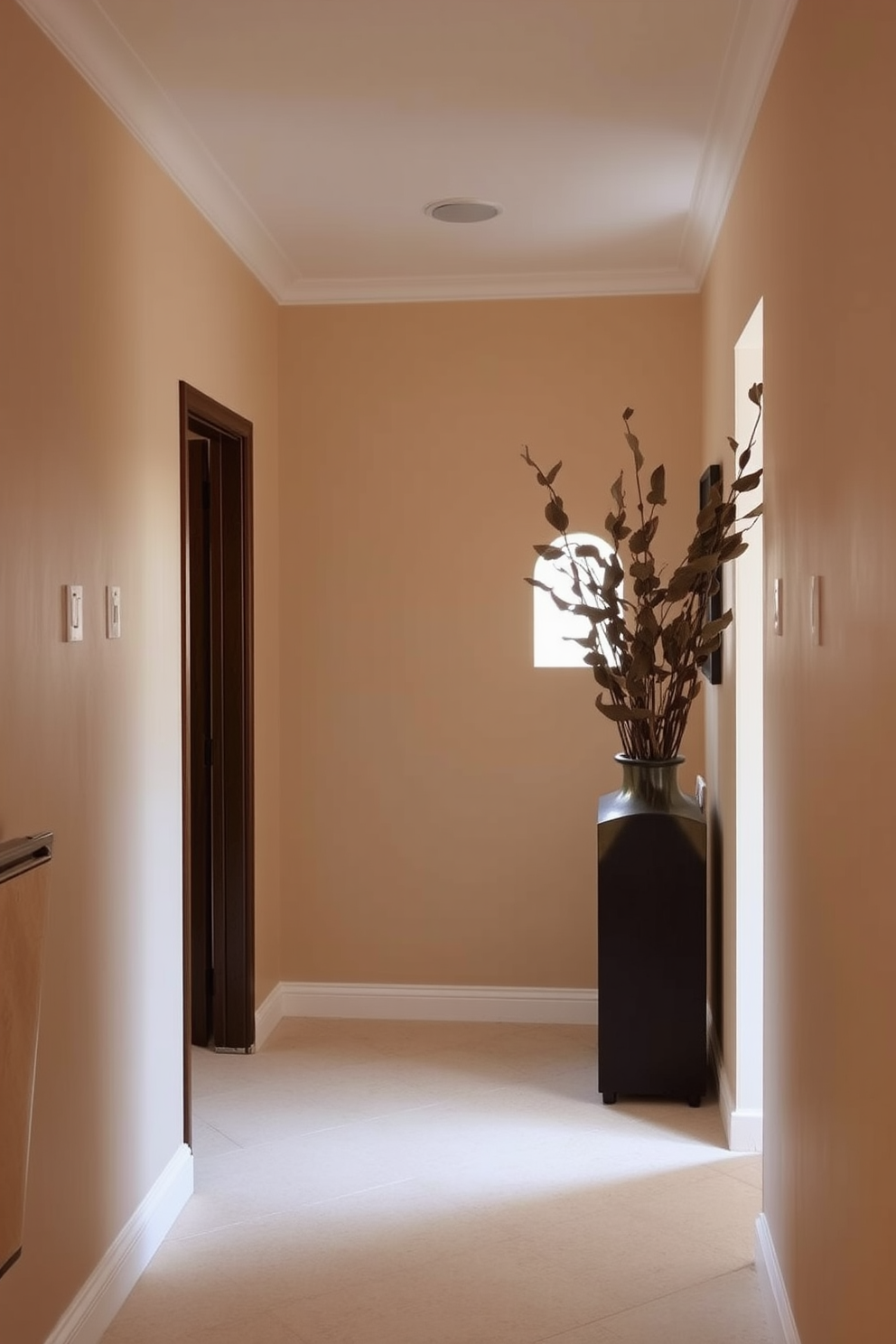 A stylish hallway adorned with a glass vase filled with dried leaves. The walls are painted in a warm beige tone, creating a cozy atmosphere that complements the natural elements.