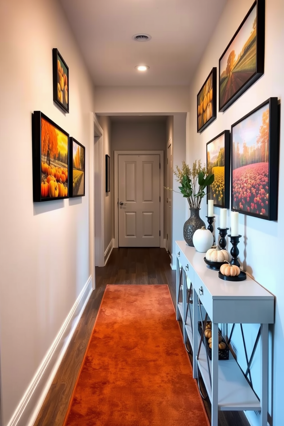 A cozy hallway adorned with seasonal artwork featuring vibrant fall colors. The walls are decorated with framed pieces showcasing autumn leaves, pumpkins, and warm landscapes, creating an inviting atmosphere. Soft lighting illuminates the space, highlighting a runner rug in rich earthy tones that leads down the hallway. Decorative elements like small pumpkins and candles are placed on a console table, enhancing the seasonal theme.