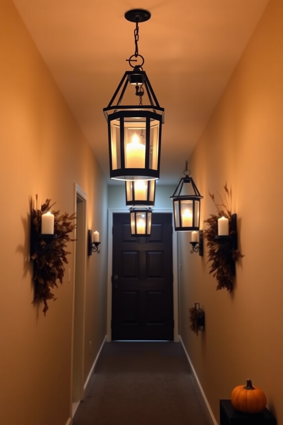 A warm and inviting hallway adorned with hanging lanterns that emit a soft glow from flickering candles inside. The walls are decorated with seasonal fall accents such as dried leaves and small pumpkins, creating a cozy atmosphere.