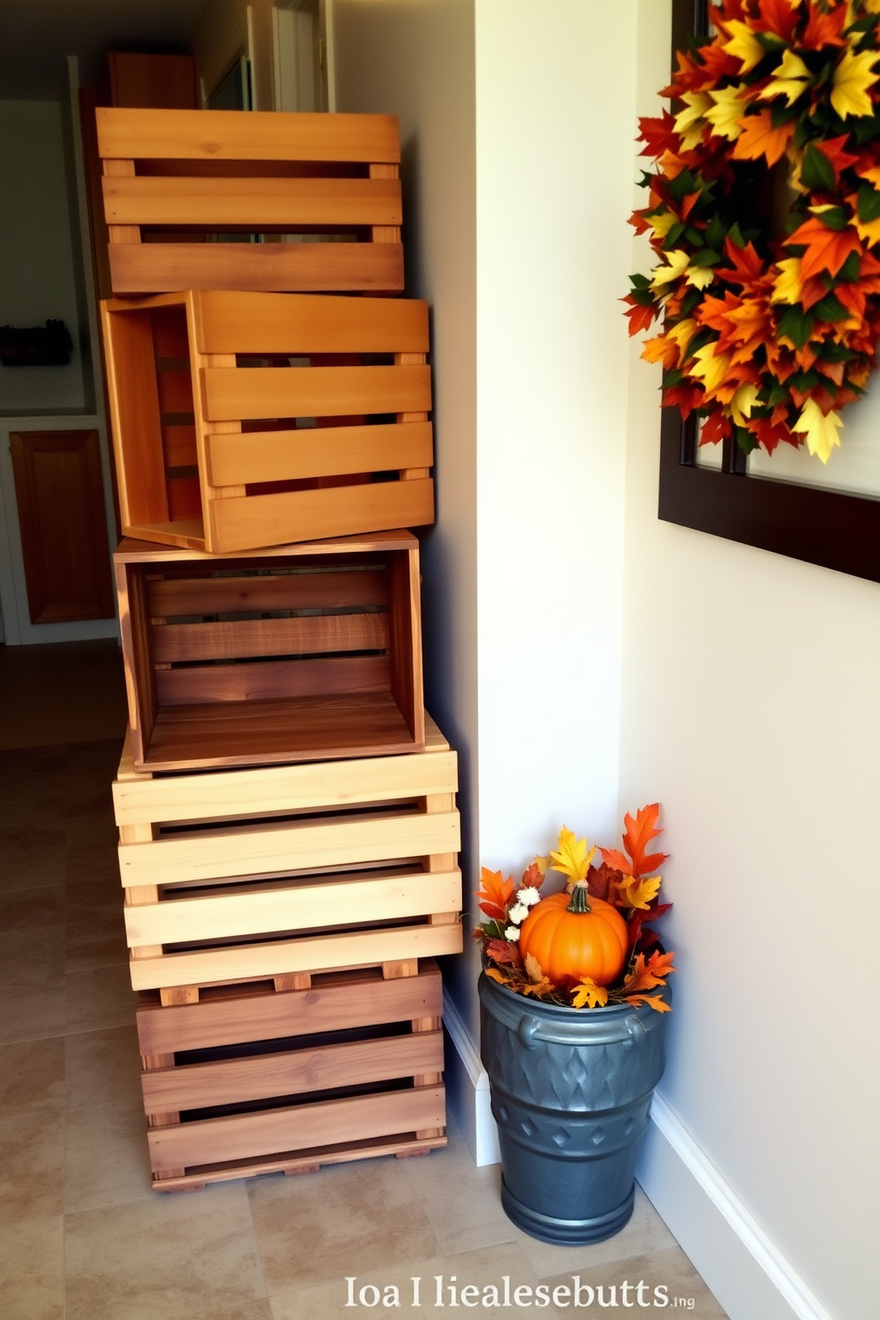 Rustic wooden crates are stacked against the wall, providing a unique storage solution while adding a touch of charm. The hallway is adorned with warm autumn decorations, featuring colorful leaves and small pumpkins placed atop the crates.