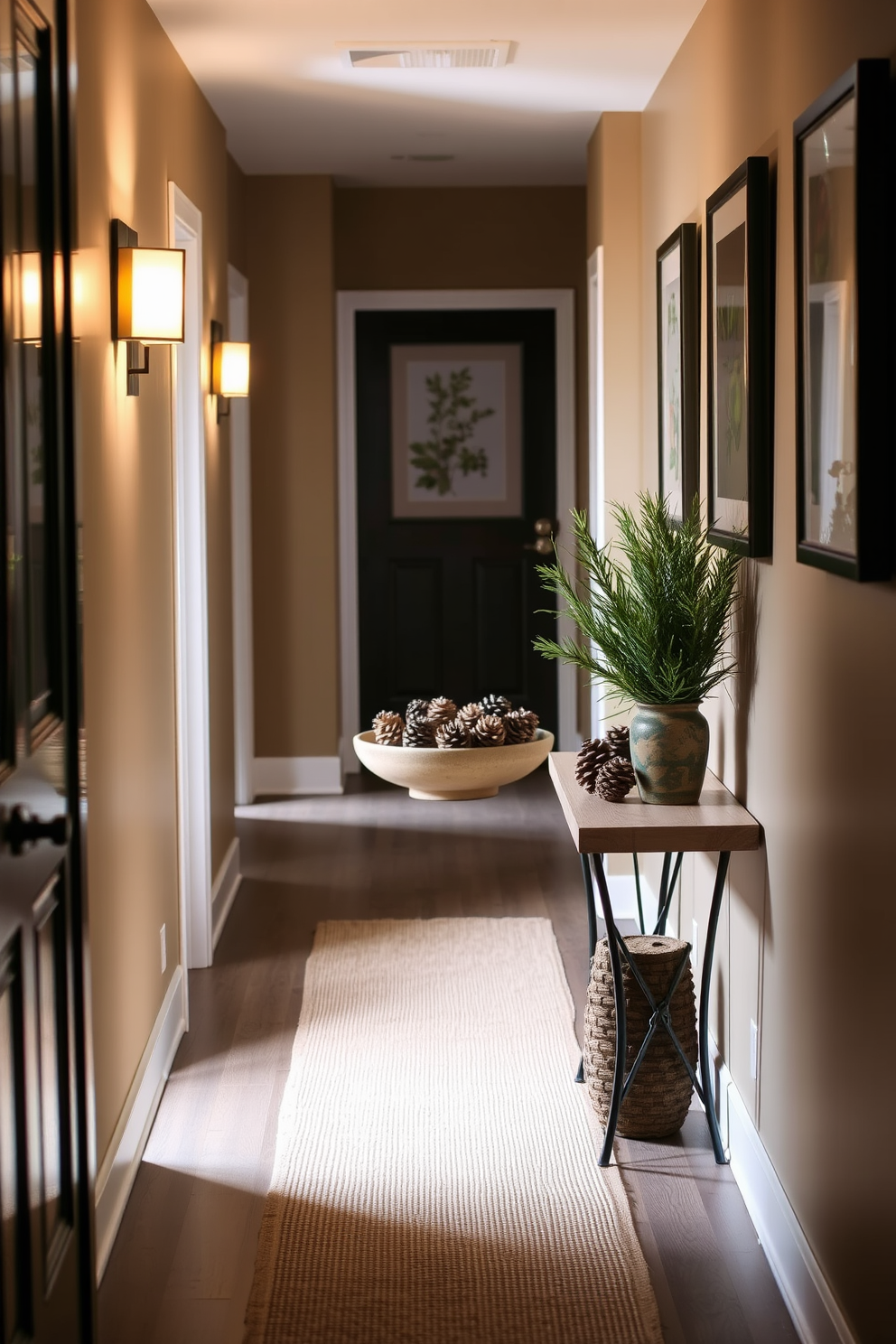 A cozy hallway adorned with natural elements creates a warm and inviting atmosphere. Pine cones are artfully arranged in a decorative bowl on a console table, complemented by soft, ambient lighting. The walls are painted in a soft earth tone, enhancing the organic feel of the space. A runner made of natural fibers leads the way, while framed botanical prints add a touch of nature to the decor.