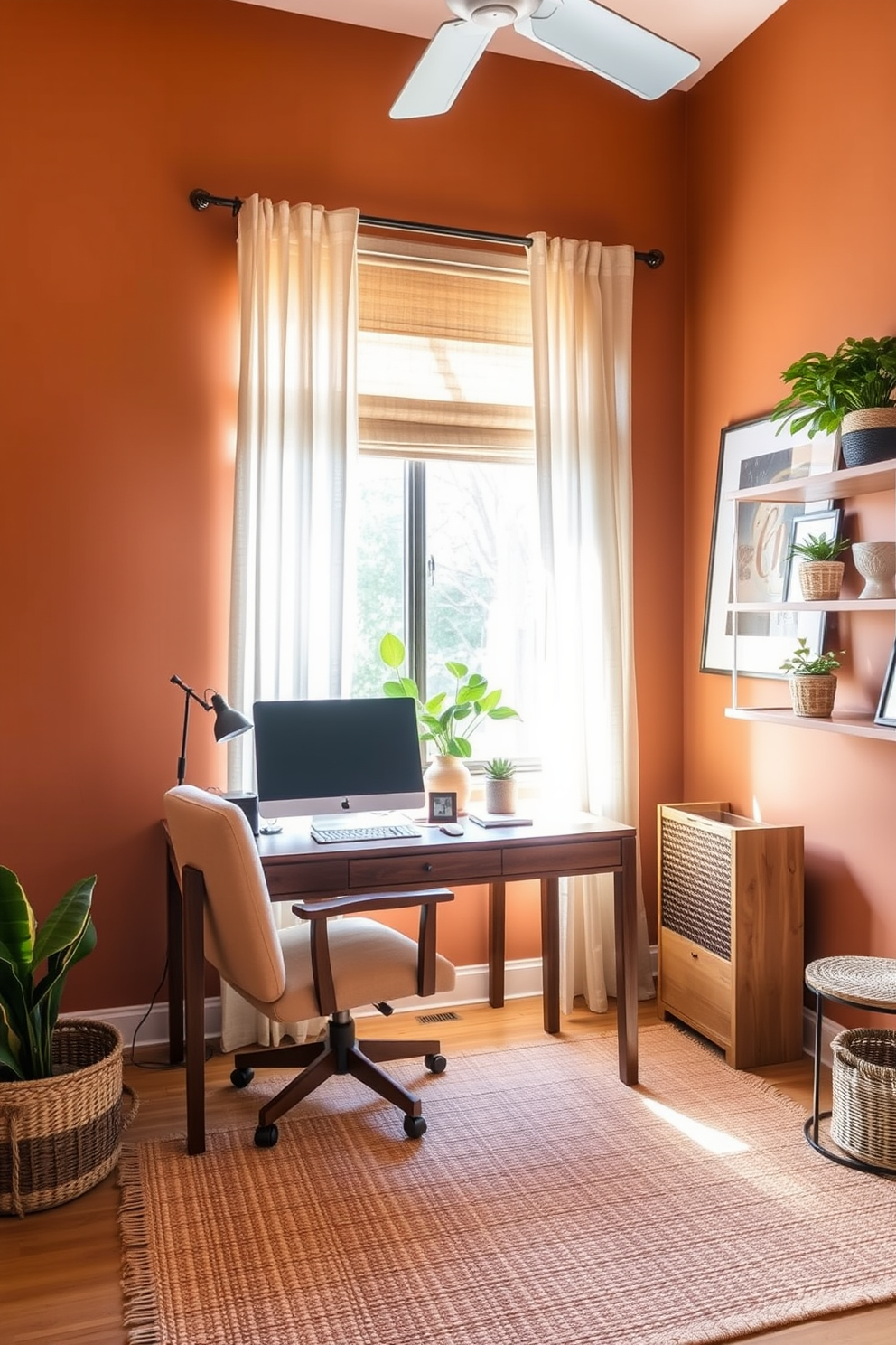 A cozy home office featuring warm earthy tones that create a welcoming atmosphere. The walls are painted in a soft terracotta shade, complemented by a rich wooden desk and a plush beige armchair. Natural light floods the space through a large window adorned with sheer linen curtains. A woven rug lies beneath the desk, and decorative plants are placed on shelves to enhance the inviting feel.