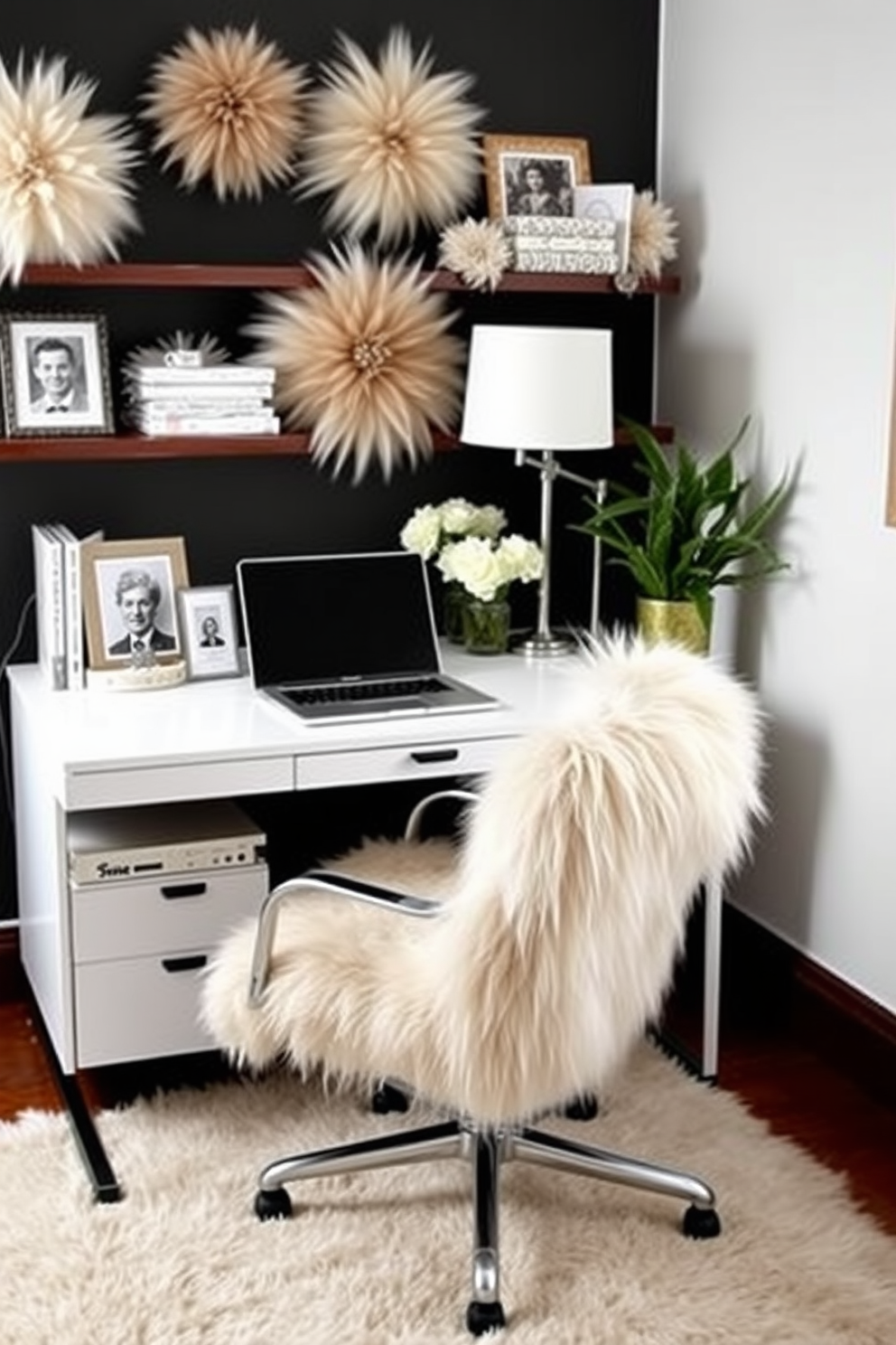 A cozy home office space adorned with faux fur accents that add a touch of softness and warmth. The desk is sleek and modern, complemented by a plush faux fur chair and a soft rug underfoot for added comfort.