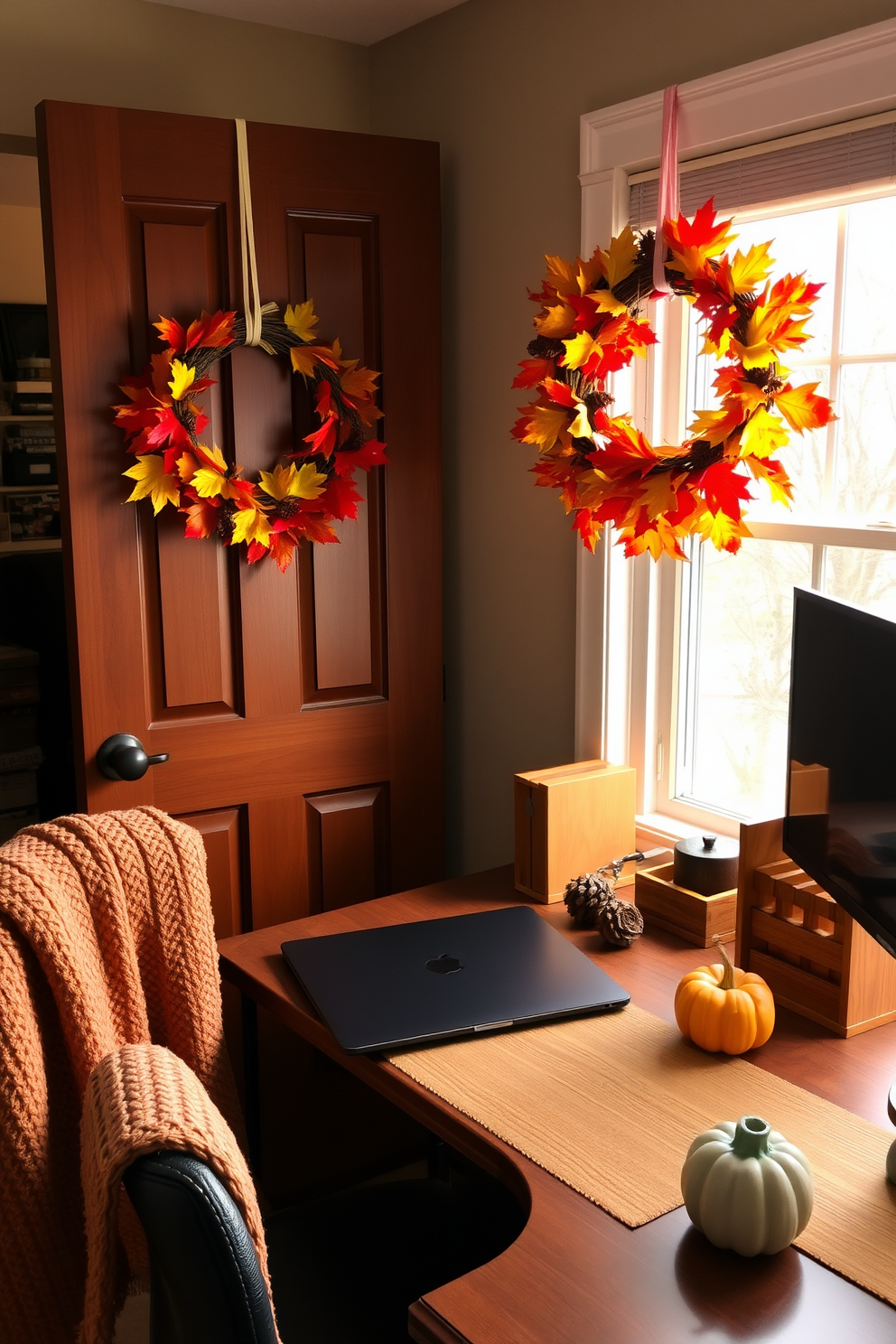 A cozy home office adorned with hanging wreaths on the doors welcomes the autumn season. The wreaths are made of vibrant fall leaves, pinecones, and small pumpkins, adding a touch of seasonal charm to the workspace. The desk is positioned by a window, allowing natural light to illuminate the room. Warm-toned decor elements, such as a knitted throw and a wooden desk organizer, create an inviting atmosphere perfect for productivity.